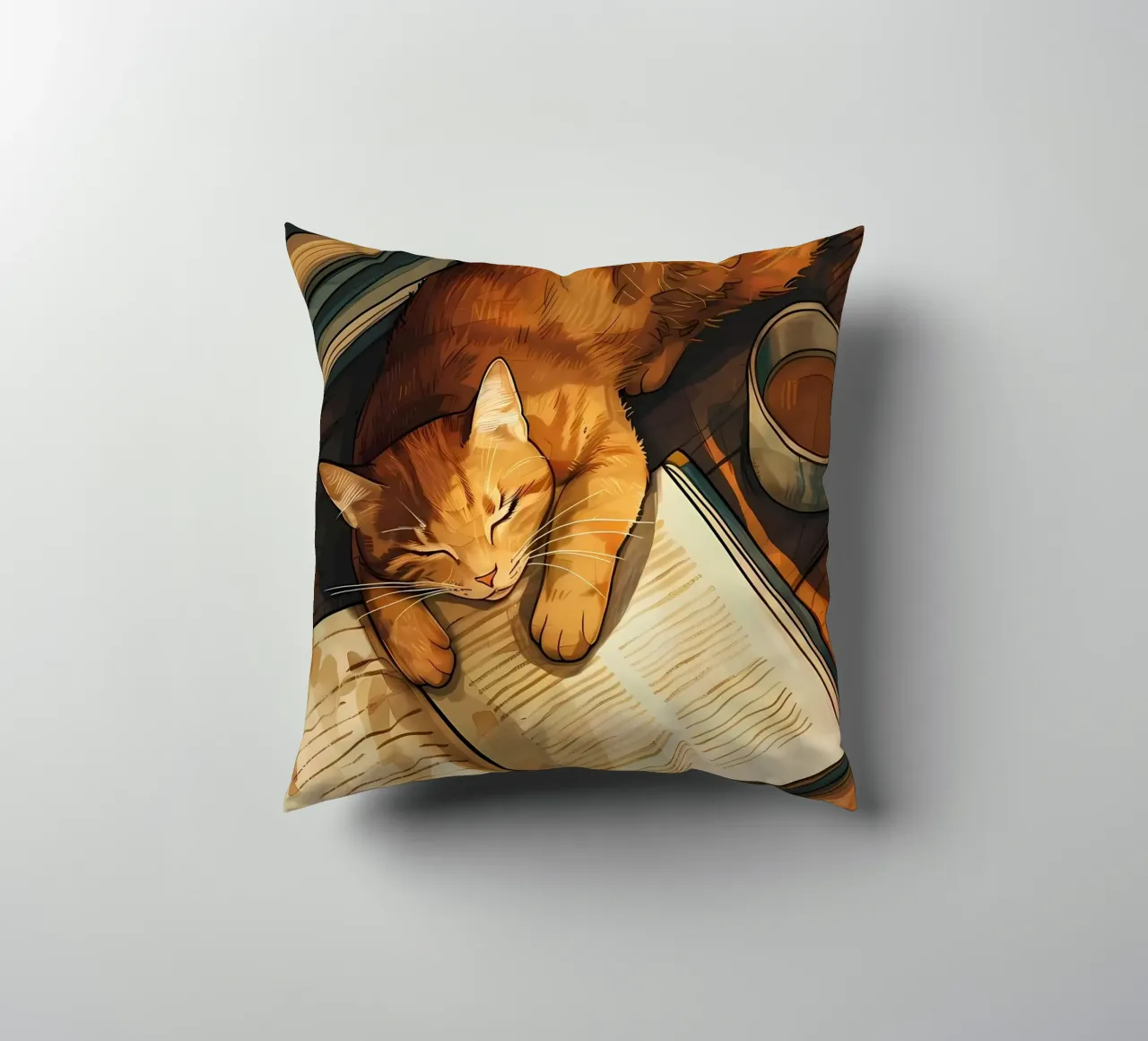 gatto libro tazza tè pavimento in legno lettura pisolino cuscino da Ashish Kashyap
