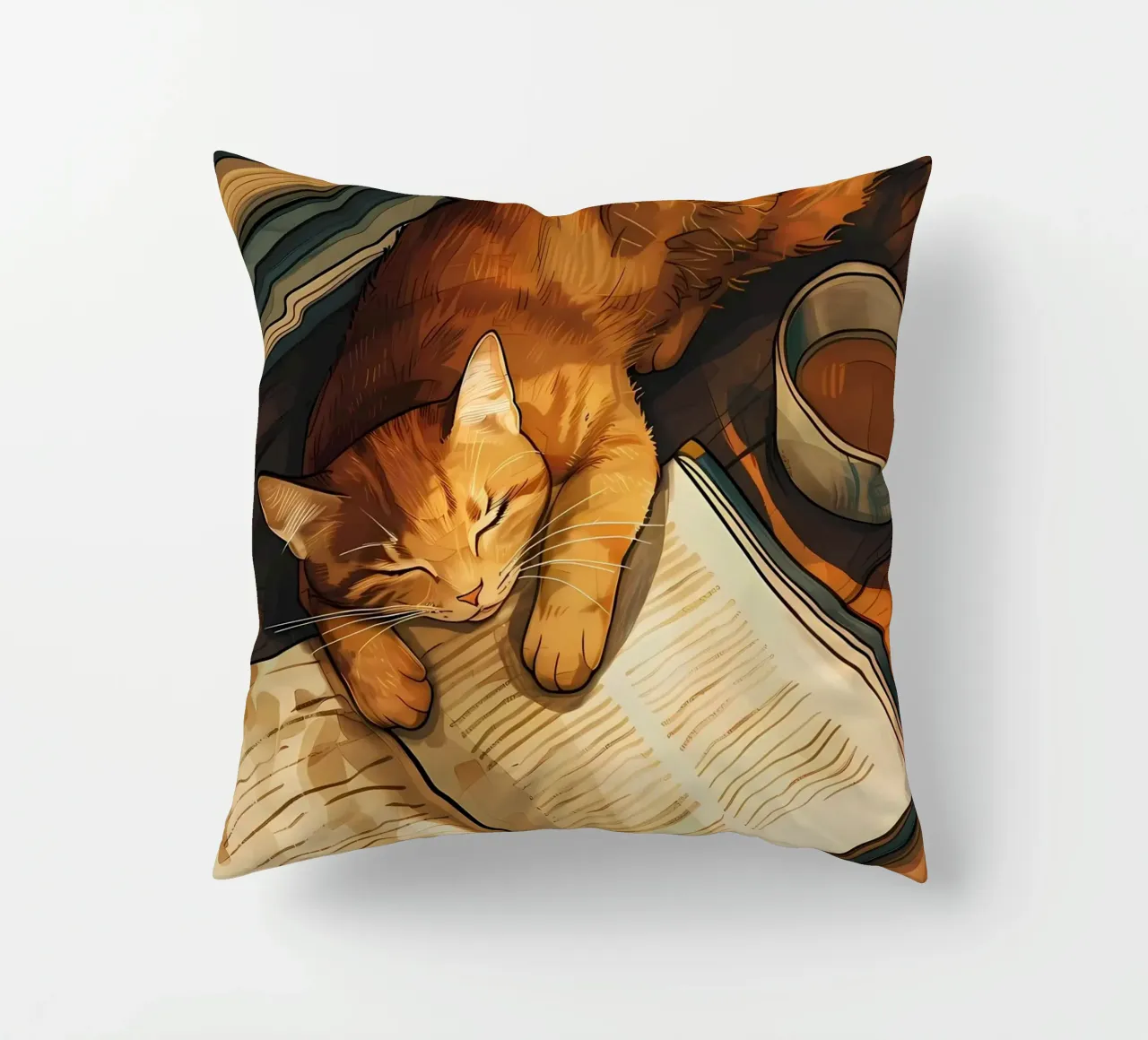 gatto libro tazza tè pavimento in legno lettura pisolino cuscino da Ashish Kashyap