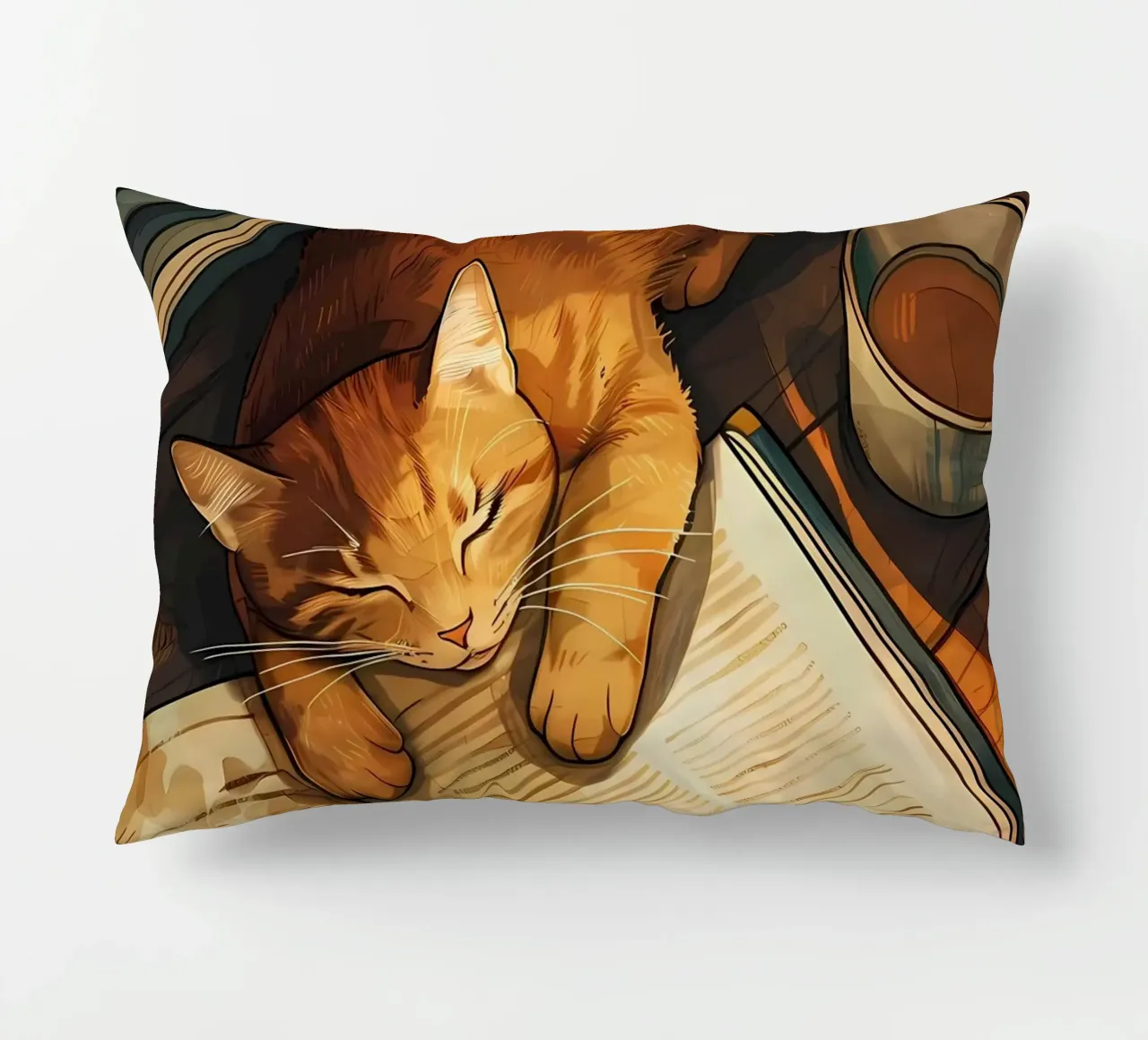 gatto libro tazza tè pavimento in legno lettura pisolino cuscino da Ashish Kashyap