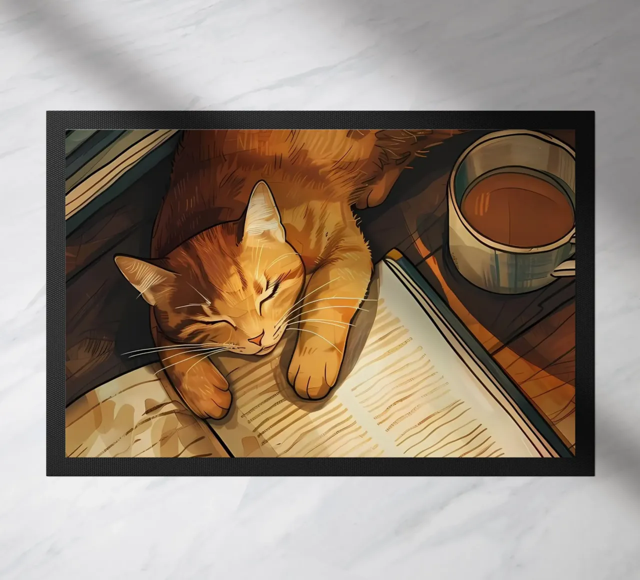 gatto libro tazza tè pavimento in legno lettura pisolino zerbino da Ashish Kashyap