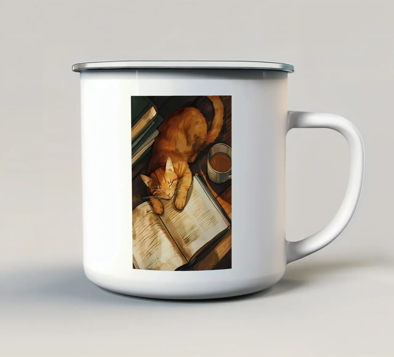 gatto libro tazza tè pavimento in legno lettura pisolino tazza in smalto da Ashish Kashyap