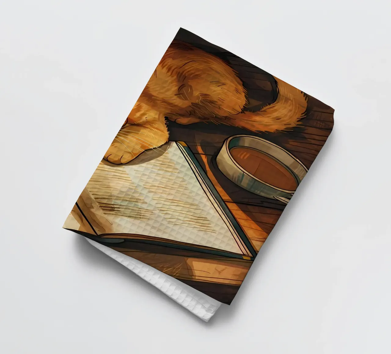 cat book mug tea wooden-floor reading nap tea towel by Ashish Kashyap