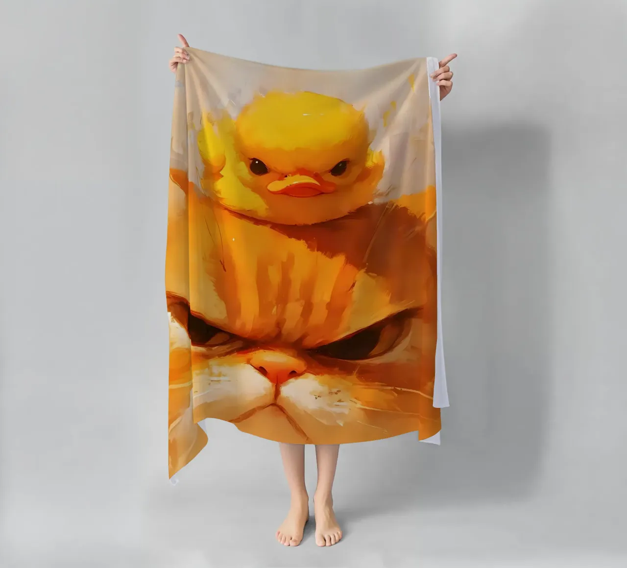 cat duckling animals orange cat yellow duckling big eyes beach towel by Ashish Kashyap