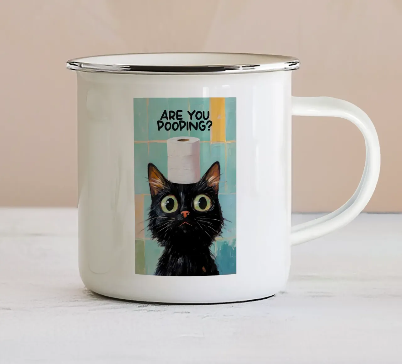 gatto carta igienica occhi grandi piastrelle bagno umorismo testo tazza in smalto da Ashish Kashyap