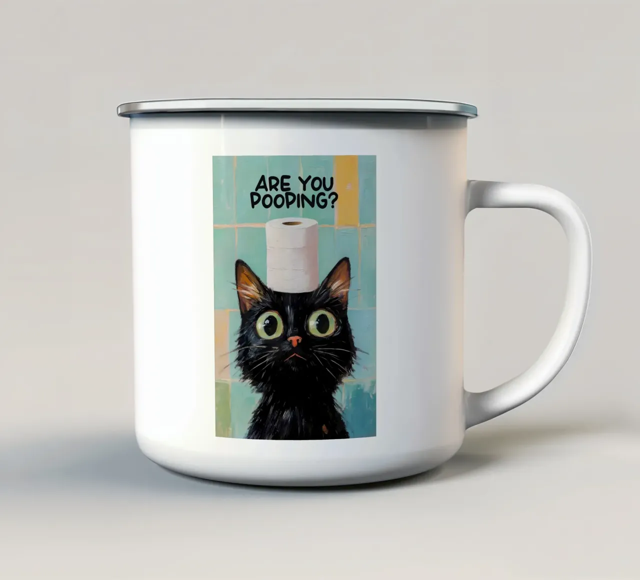 gatto carta igienica occhi grandi piastrelle bagno umorismo testo tazza in smalto da Ashish Kashyap