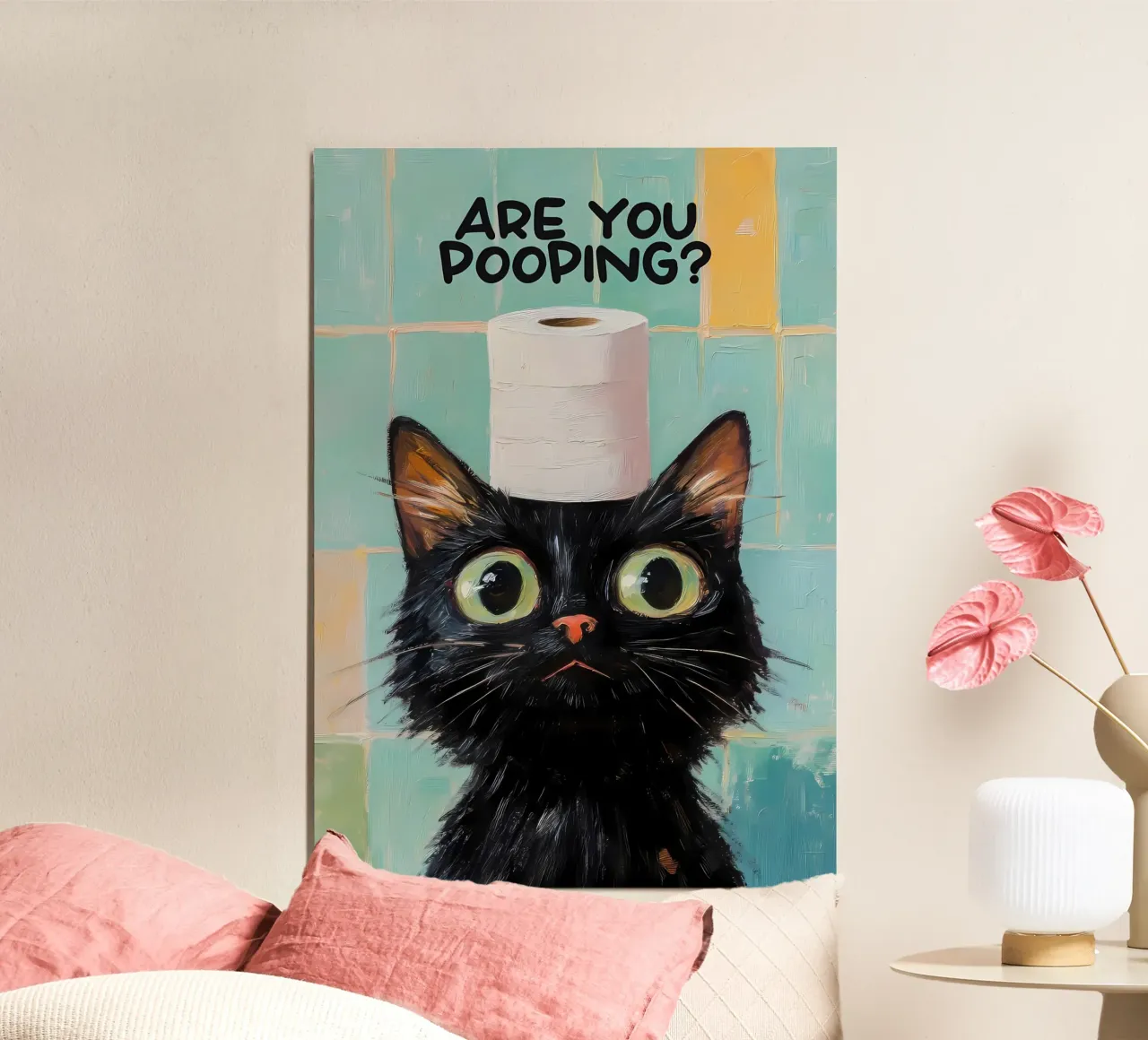 gatto carta igienica occhi grandi piastrelle bagno umorismo testo poster con telaio in legno da Ashish Kashyap