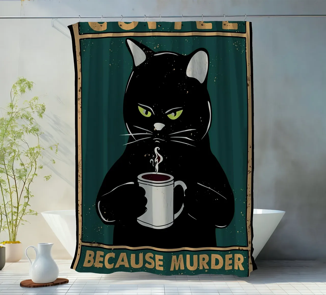 cat coffee mug steam eyes text black cat whiskers shower curtain by Ashish Kashyap