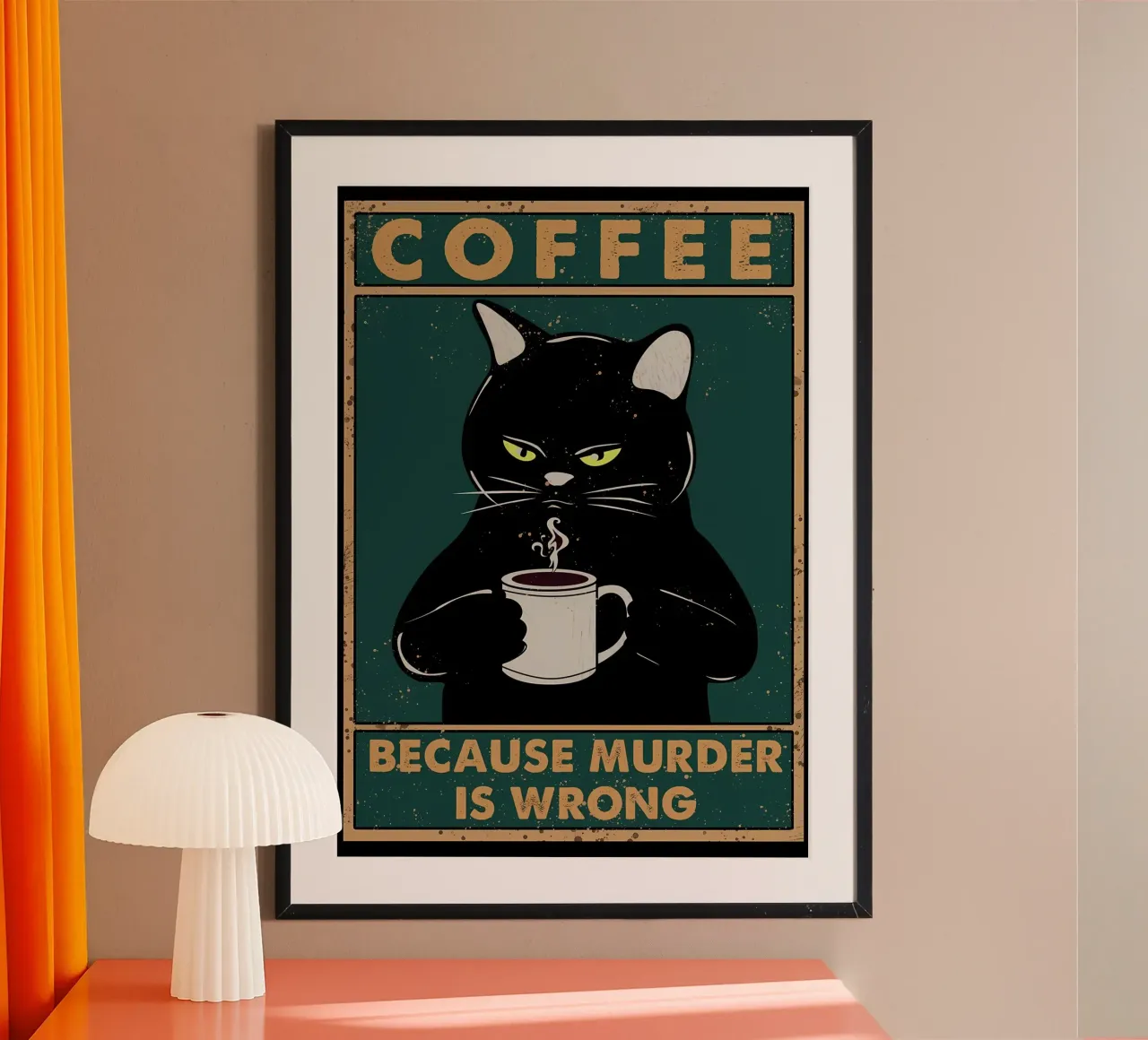 Katze Kaffeebecher Dampfaugen Text schwarze Katze Schnurrhaare Hahnemühle von Ashish Kashyap