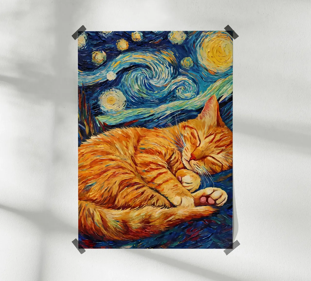 gatto che dorme stelle cielo notte pelliccia arancione vortici poster con telaio in plastica da Ashish Kashyap