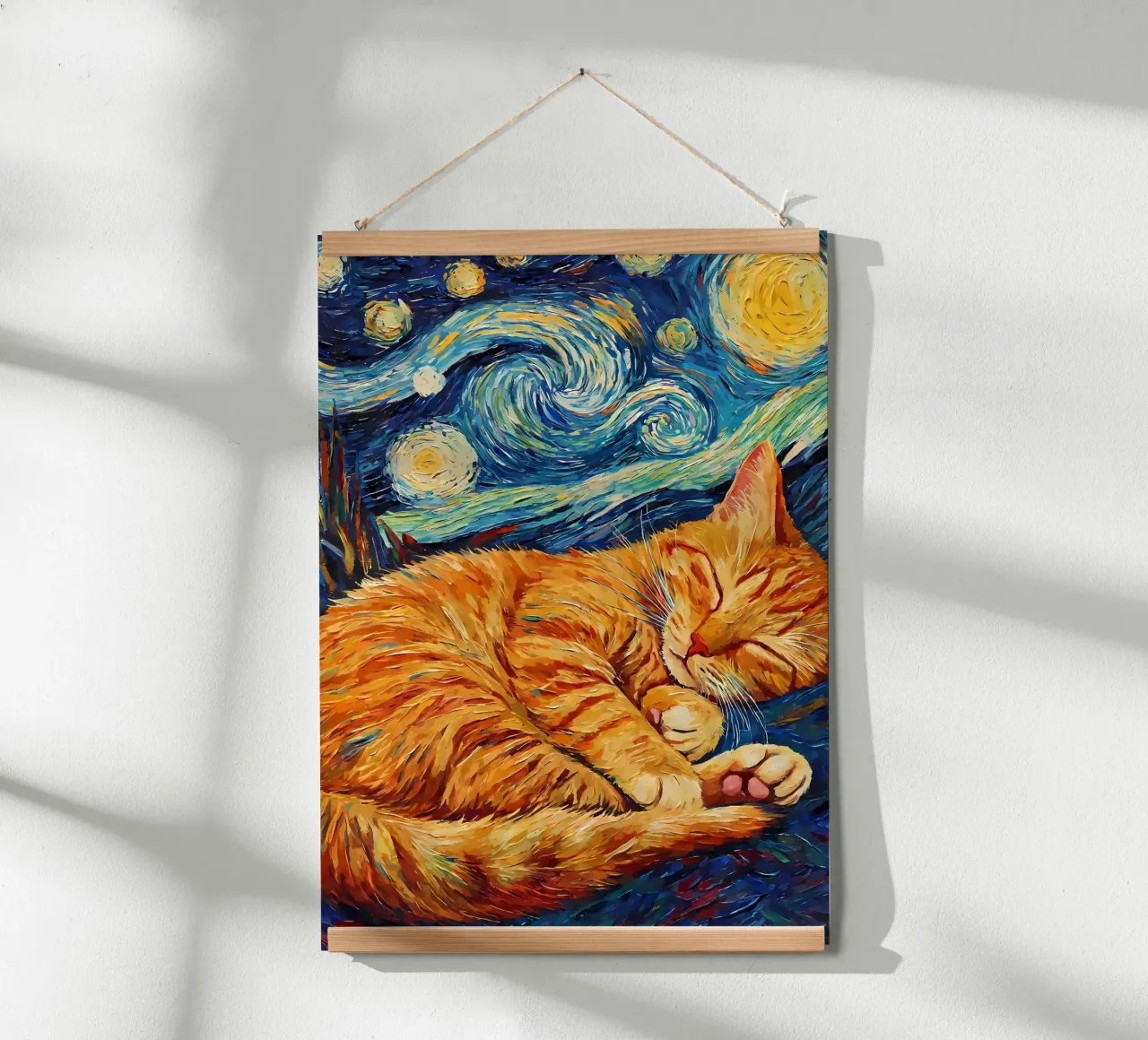gatto che dorme stelle cielo notte pelliccia arancione vortici poster con telaio in plastica da Ashish Kashyap