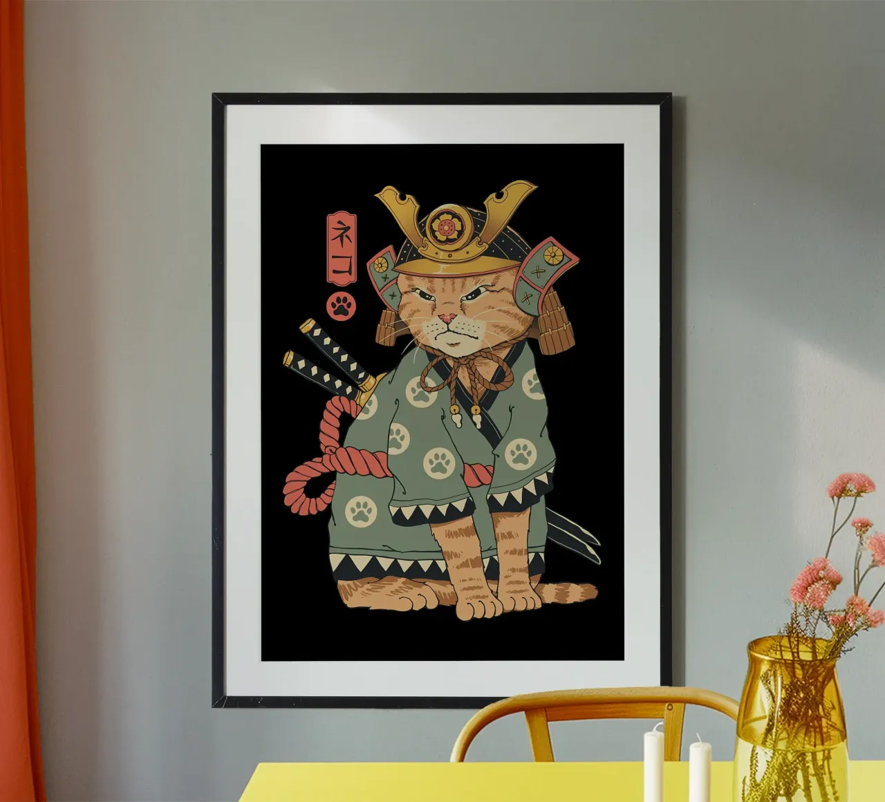 cat samurai helmet katana armour pawprints sash hahnemühle by Ashish Kashyap