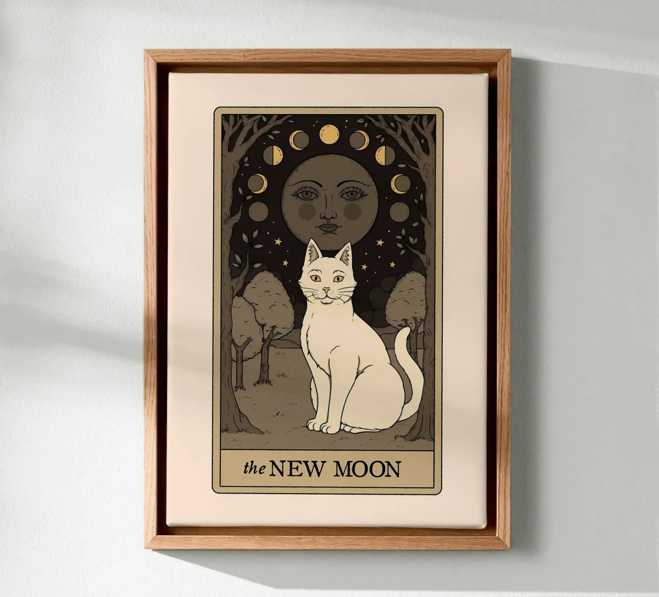 Katze Mondphasen Bäume Wald Sterne Nacht Gesicht Leinwand von Ashish Kashyap