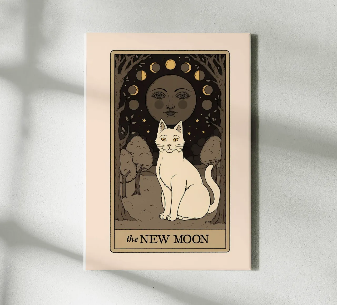 Katze Mondphasen Bäume Wald Sterne Nacht Gesicht Leinwand von Ashish Kashyap