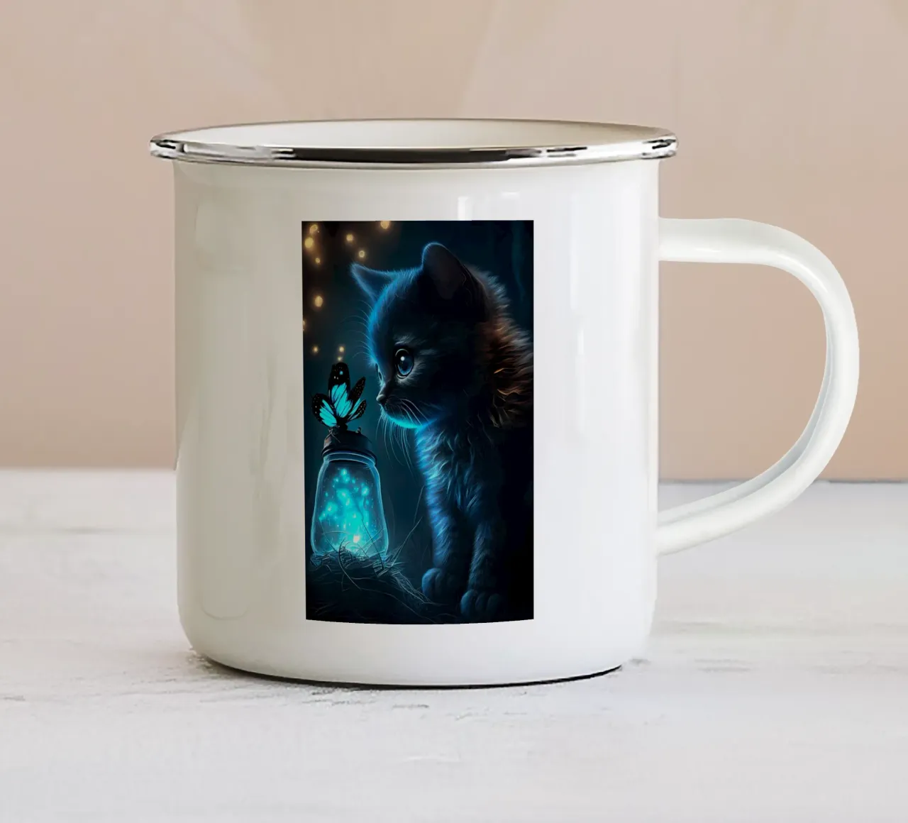 gattino barattolo farfalla bioluminescente luci blu occhi tazza in smalto da Ashish Kashyap