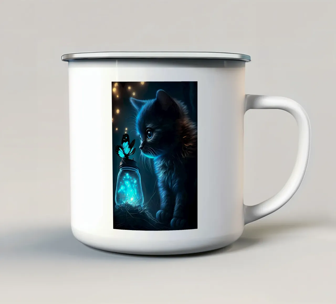 gattino barattolo farfalla bioluminescente luci blu occhi tazza in smalto da Ashish Kashyap