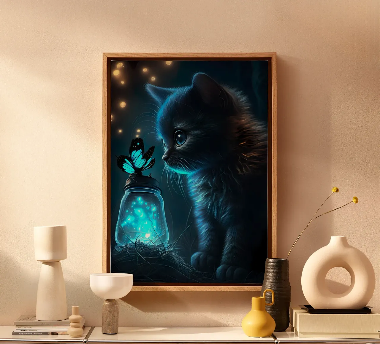 kitten jar butterfly bioluminescent blue glow lights eyes canvas with Floater frame by Ashish Kashyap