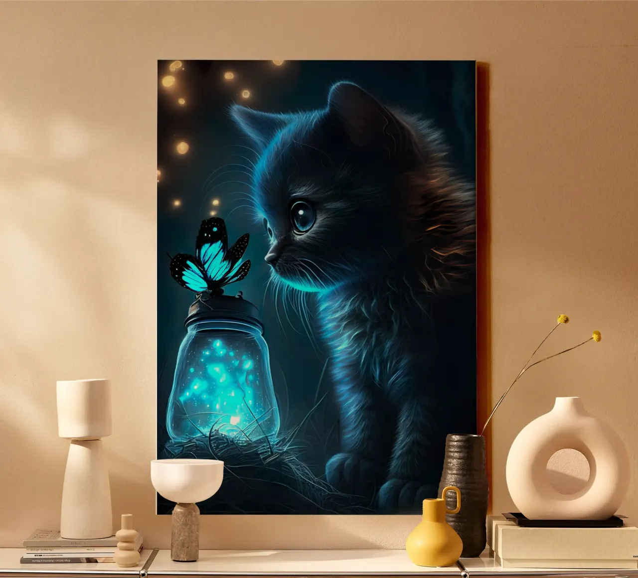 kitten jar butterfly bioluminescent blue glow lights eyes canvas with Floater frame by Ashish Kashyap