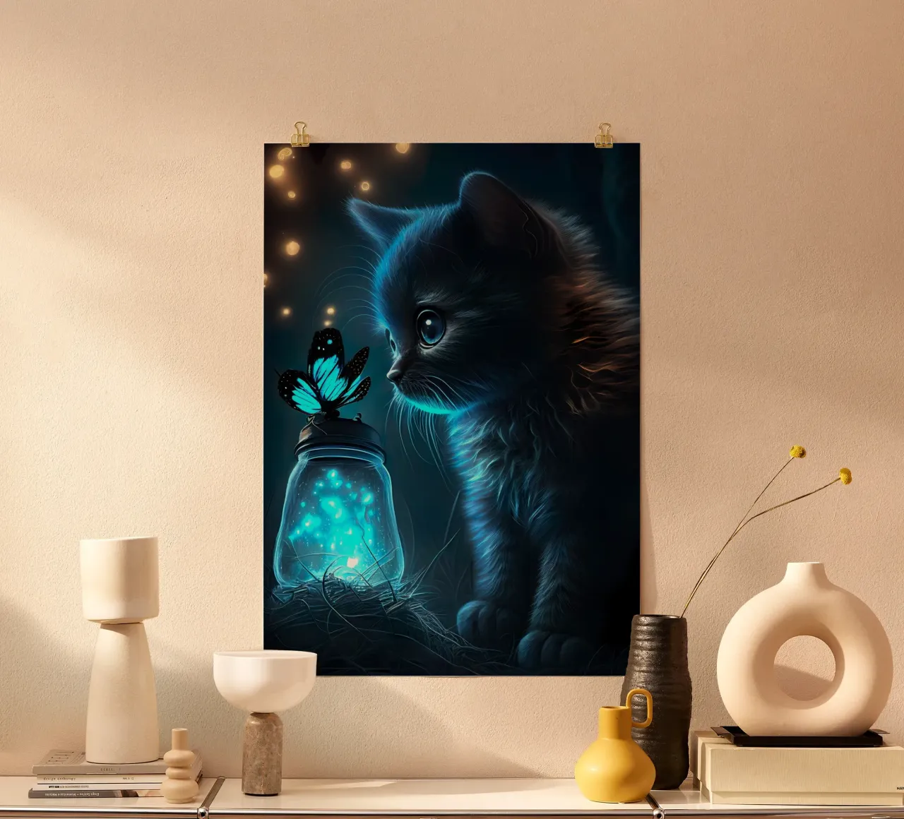 gattino barattolo farfalla bioluminescente luci blu occhi poster da Ashish Kashyap
