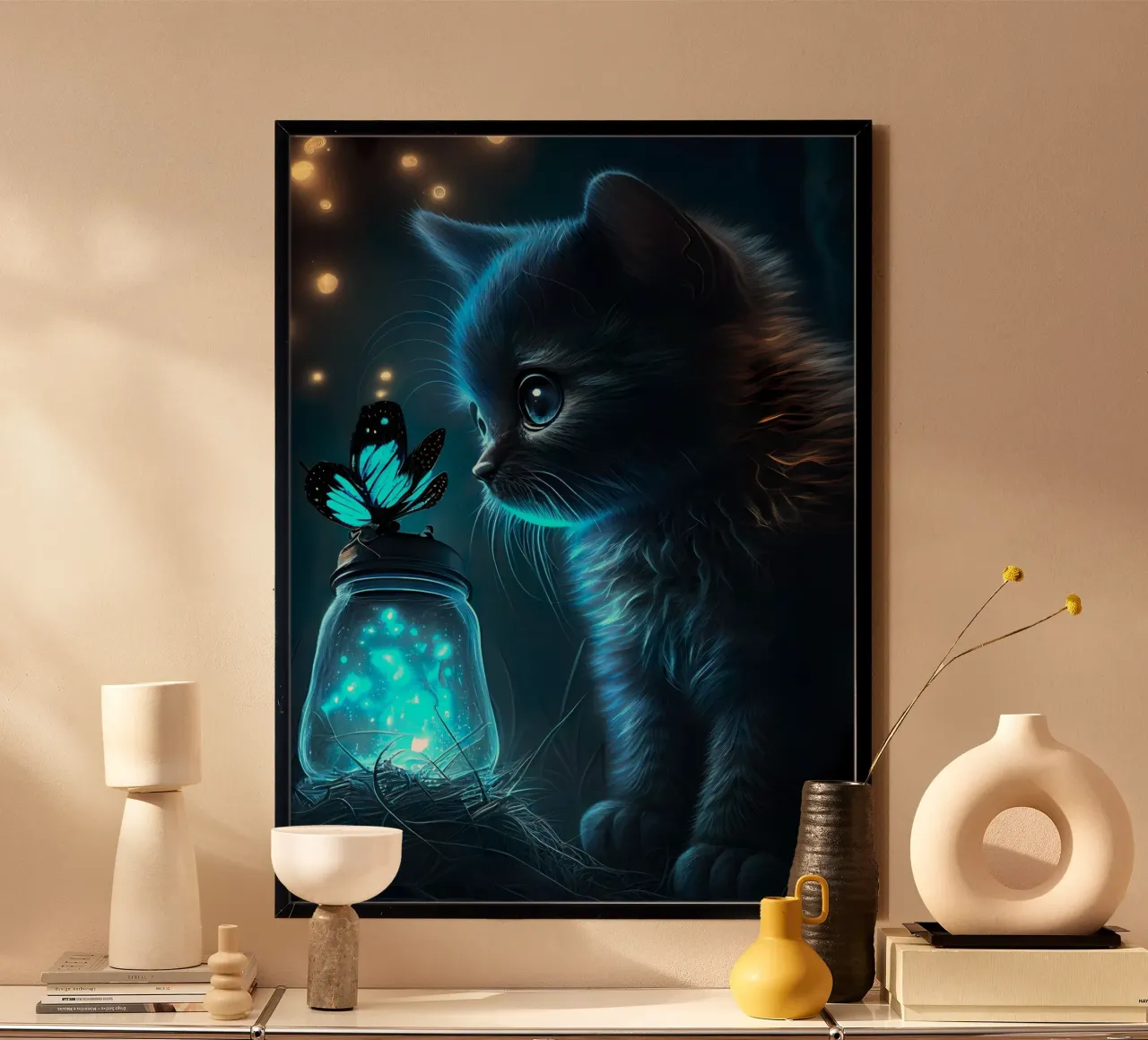 gattino barattolo farfalla bioluminescente luci blu occhi poster da Ashish Kashyap
