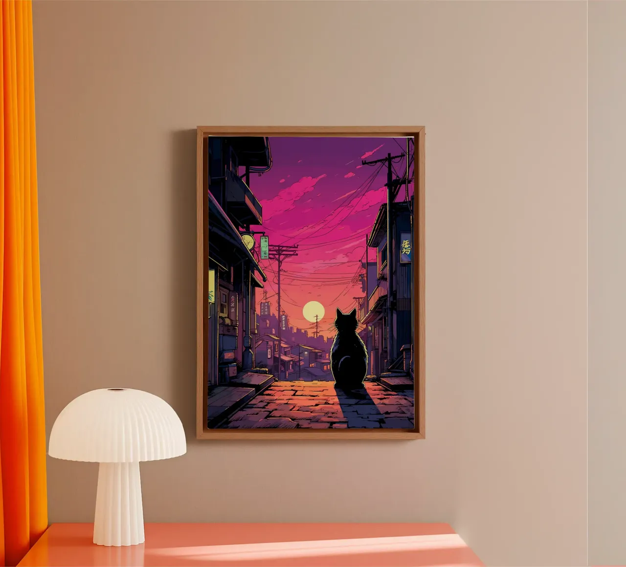 kat silhouet zonsondergang stedelijk landschap straat gebouwen power-lin canvas met Baklijst van Ashish Kashyap