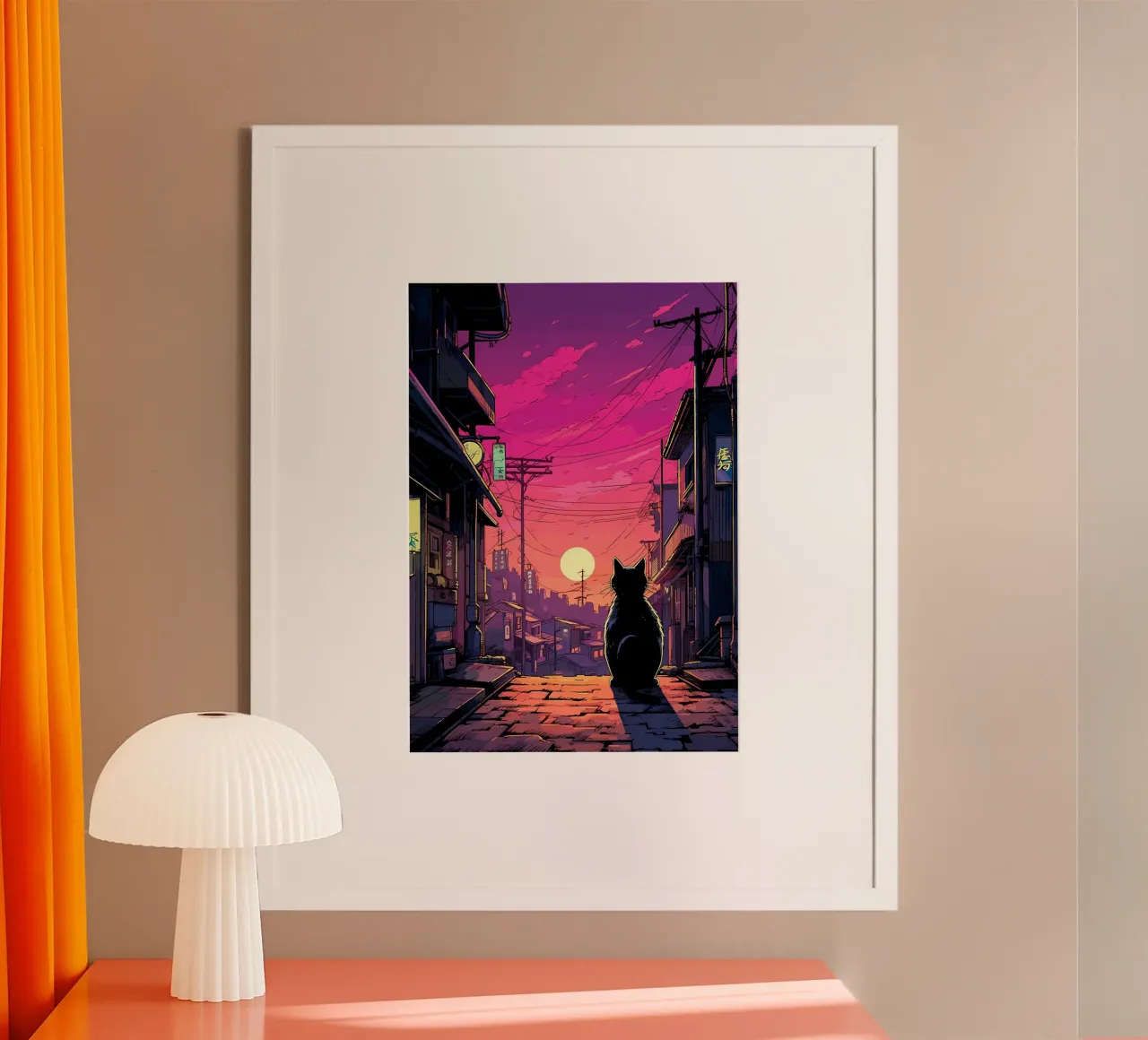 gatto silhouette tramonto scena urbana strada edifici power-lin poster con telaio in alluminio da Ashish Kashyap