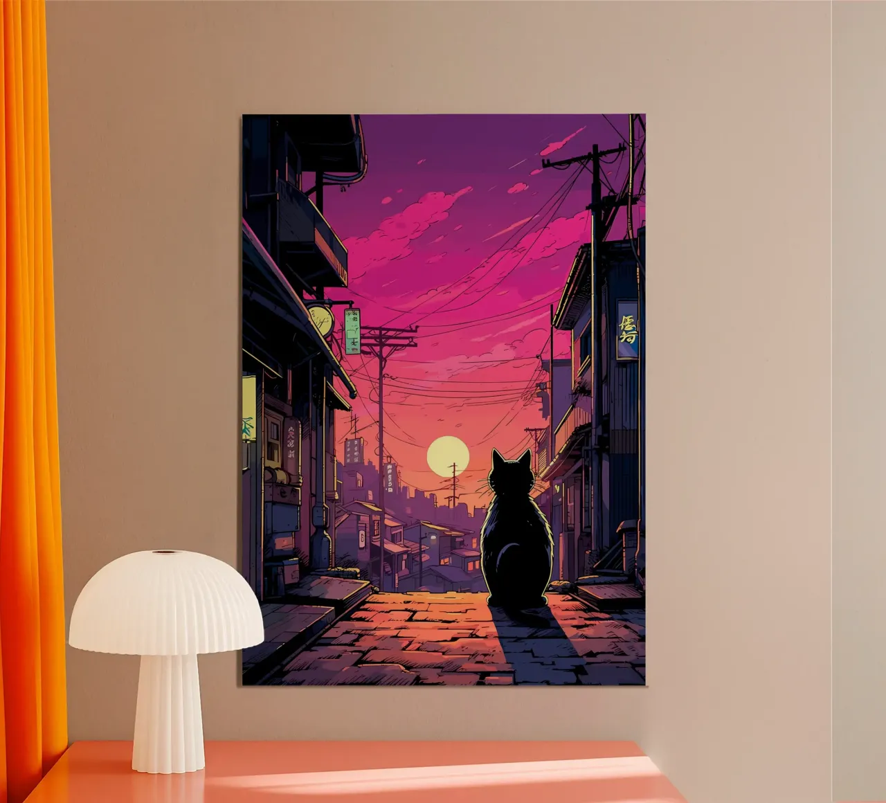 gatto silhouette tramonto scena urbana strada edifici power-lin poster con telaio in alluminio da Ashish Kashyap