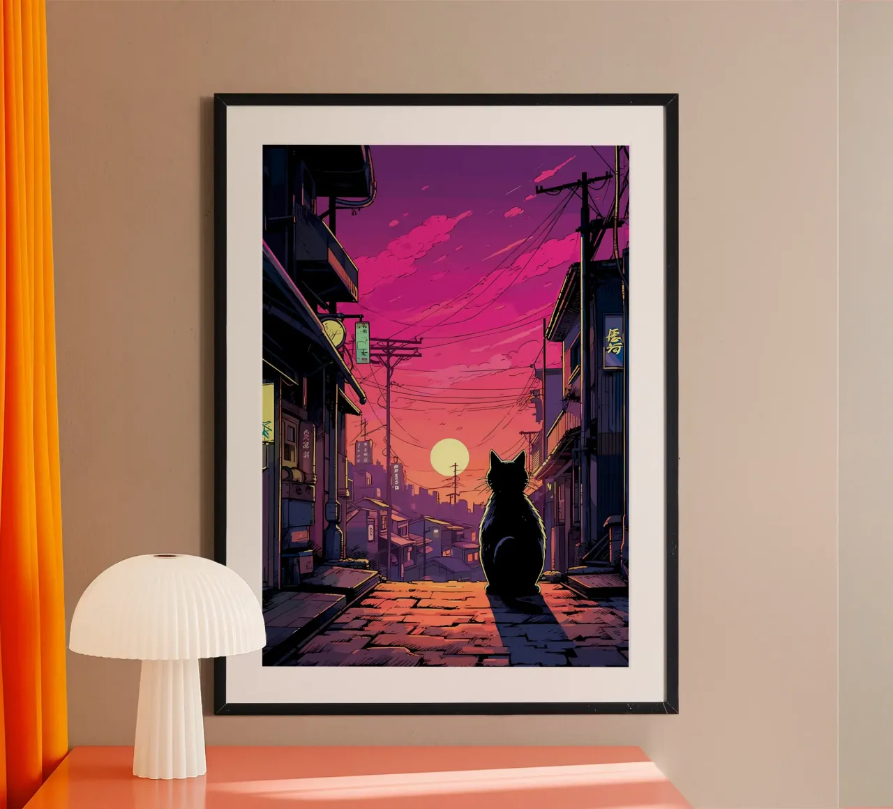 gatto silhouette tramonto scena urbana strada edifici power-lin poster con telaio in alluminio da Ashish Kashyap