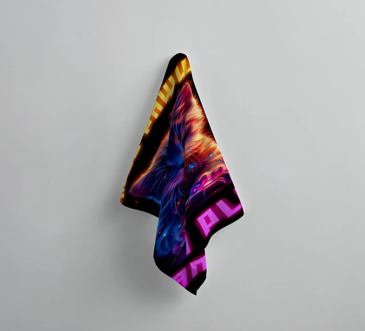 kat kitten game controller video game neon lichten gloed effec badhanddoek van William D Ogden