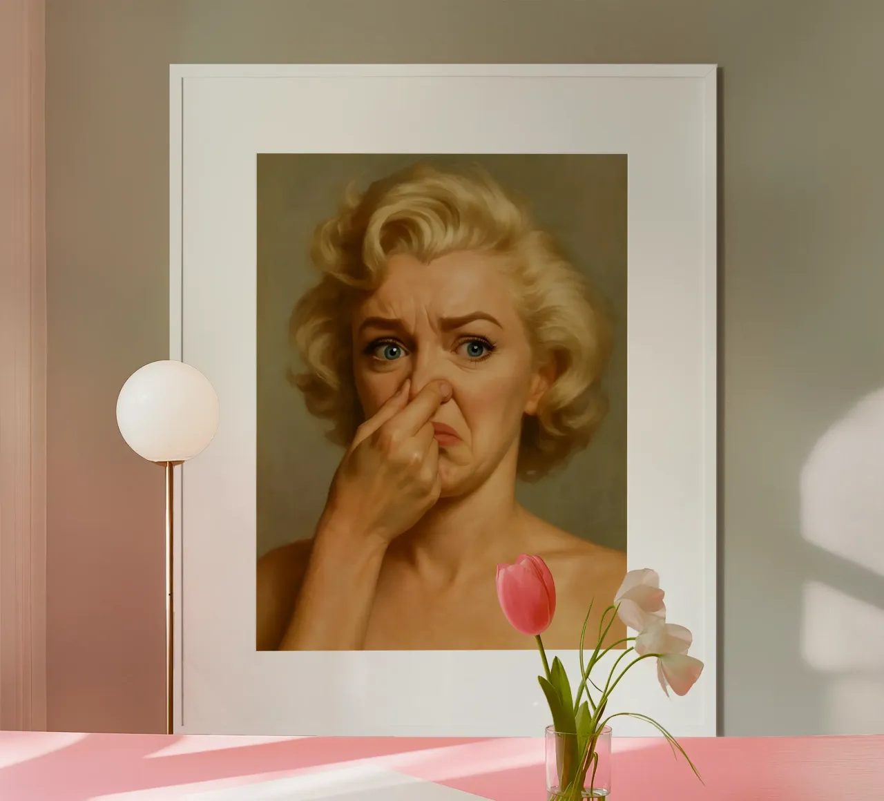 Marilyn Monroe divertente per il bagno poster con telaio in alluminio da ARTOMATIC