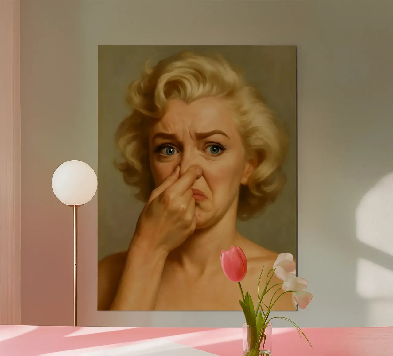 Marilyn Monroe divertente per il bagno poster con telaio in alluminio da ARTOMATIC