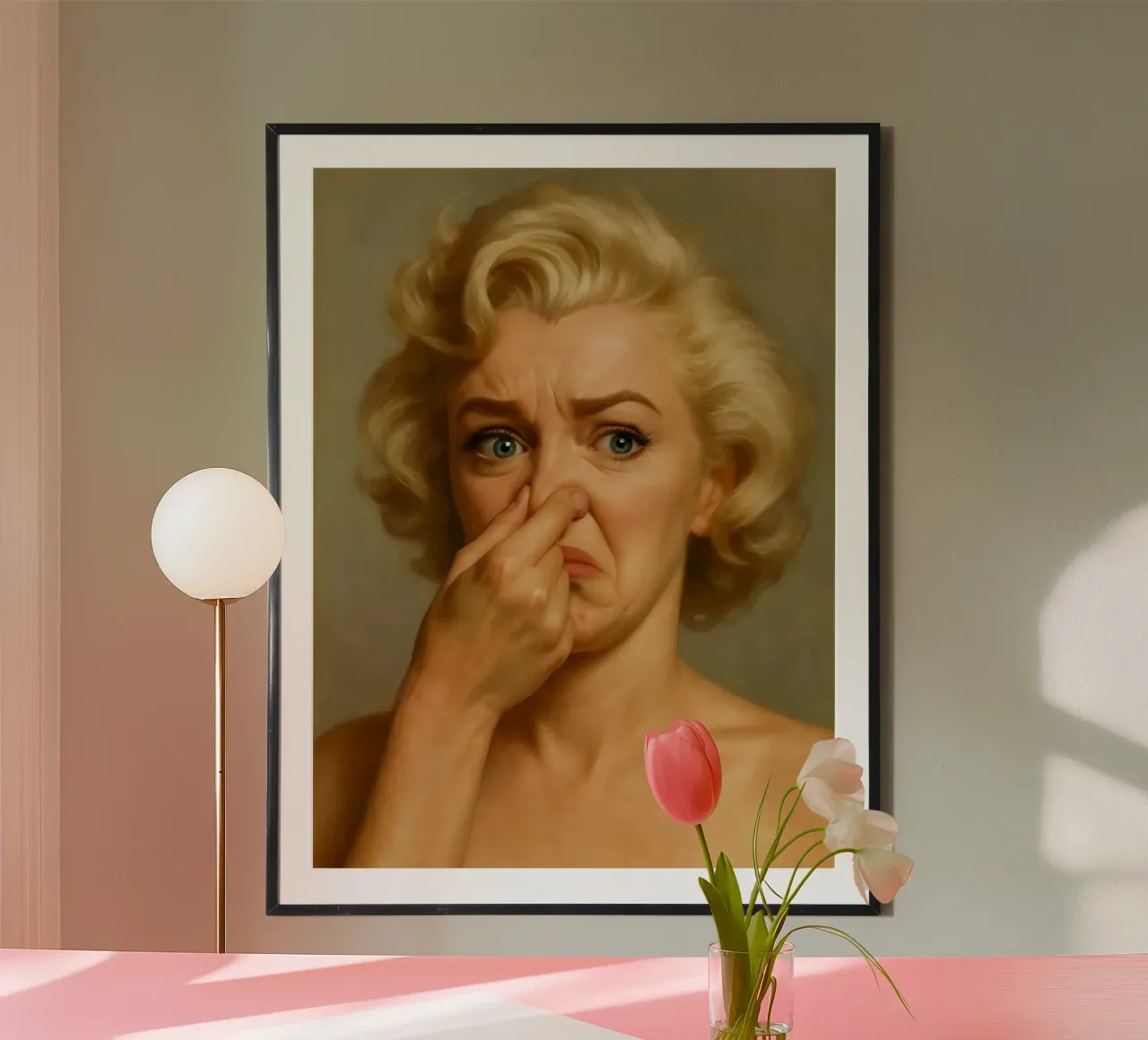 Marilyn Monroe divertente per il bagno poster con telaio in alluminio da ARTOMATIC