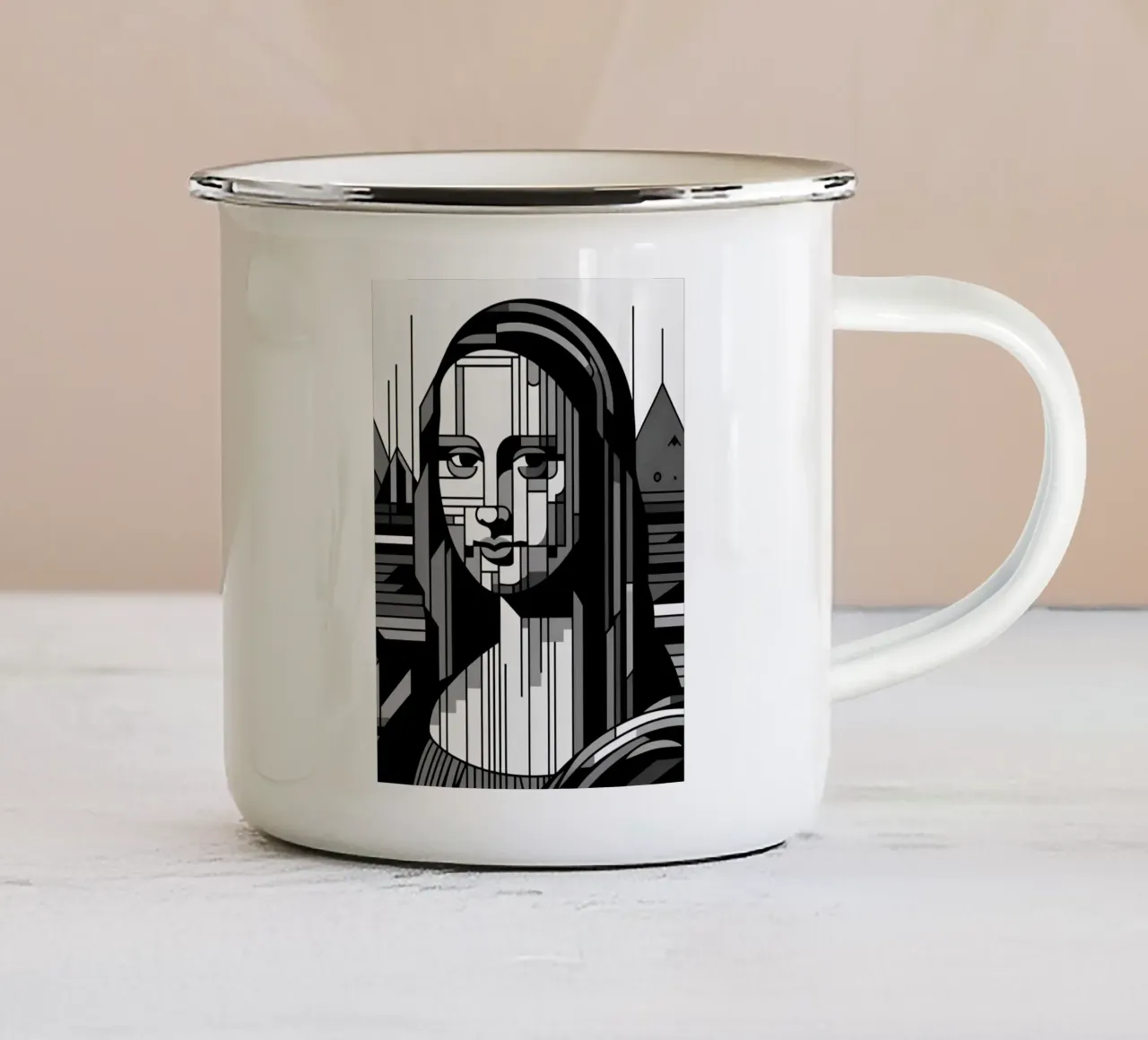 MONA LISA IN BIANCO E NERO STILE BAUHAUS tazza in smalto da ARTOMATIC