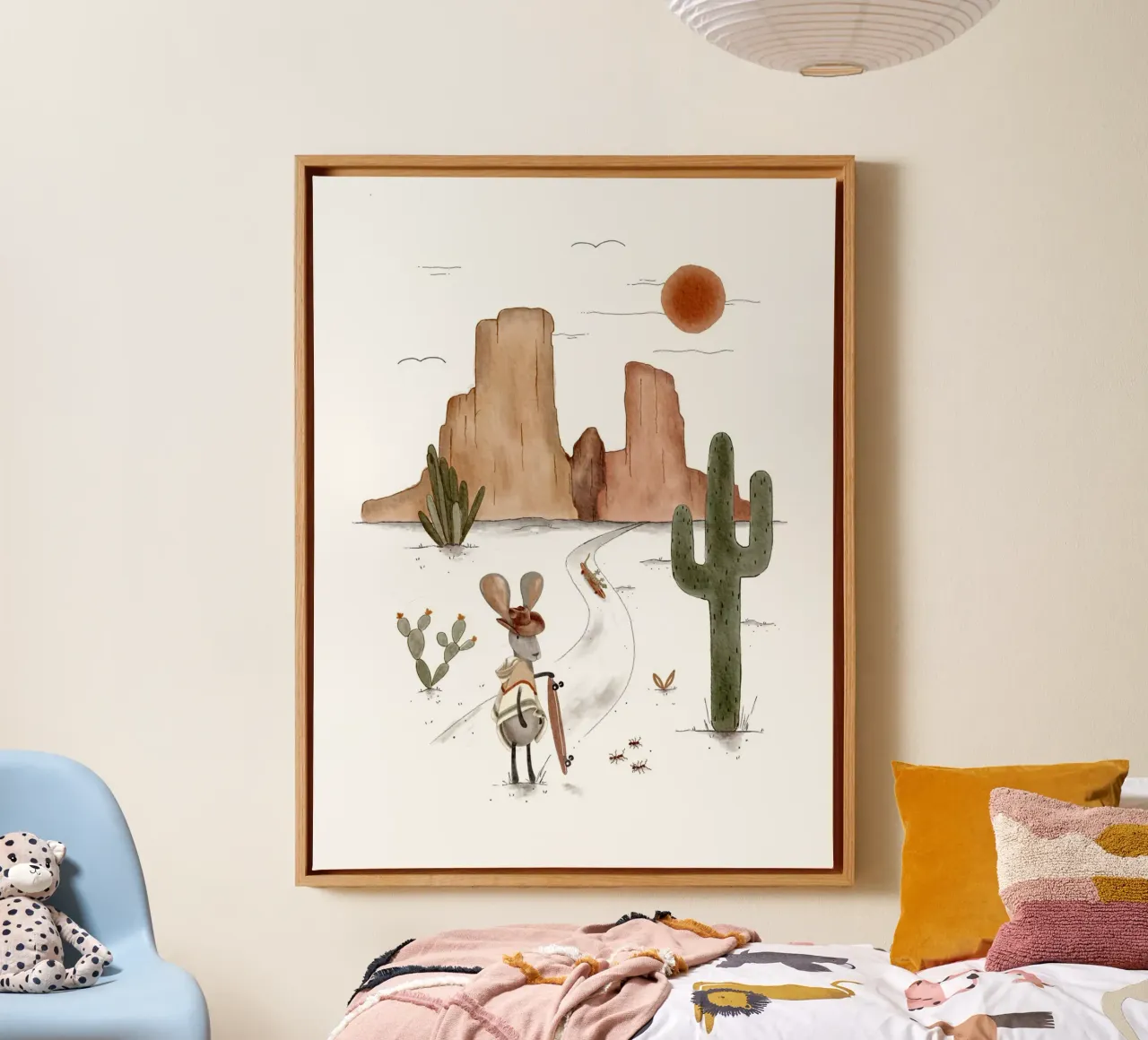 Boho Desert Explorer Jackrabbit Wandkunst Leinwand mit Schattenfugenrahmen von Urchin Bay Art