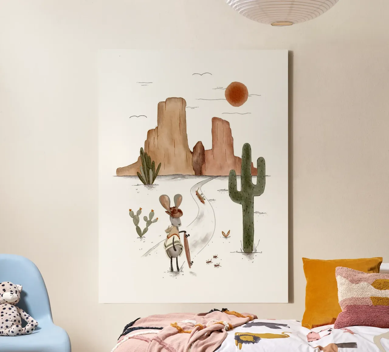 Boho Desert Explorer Jackrabbit Wandkunst Leinwand mit Schattenfugenrahmen von Urchin Bay Art