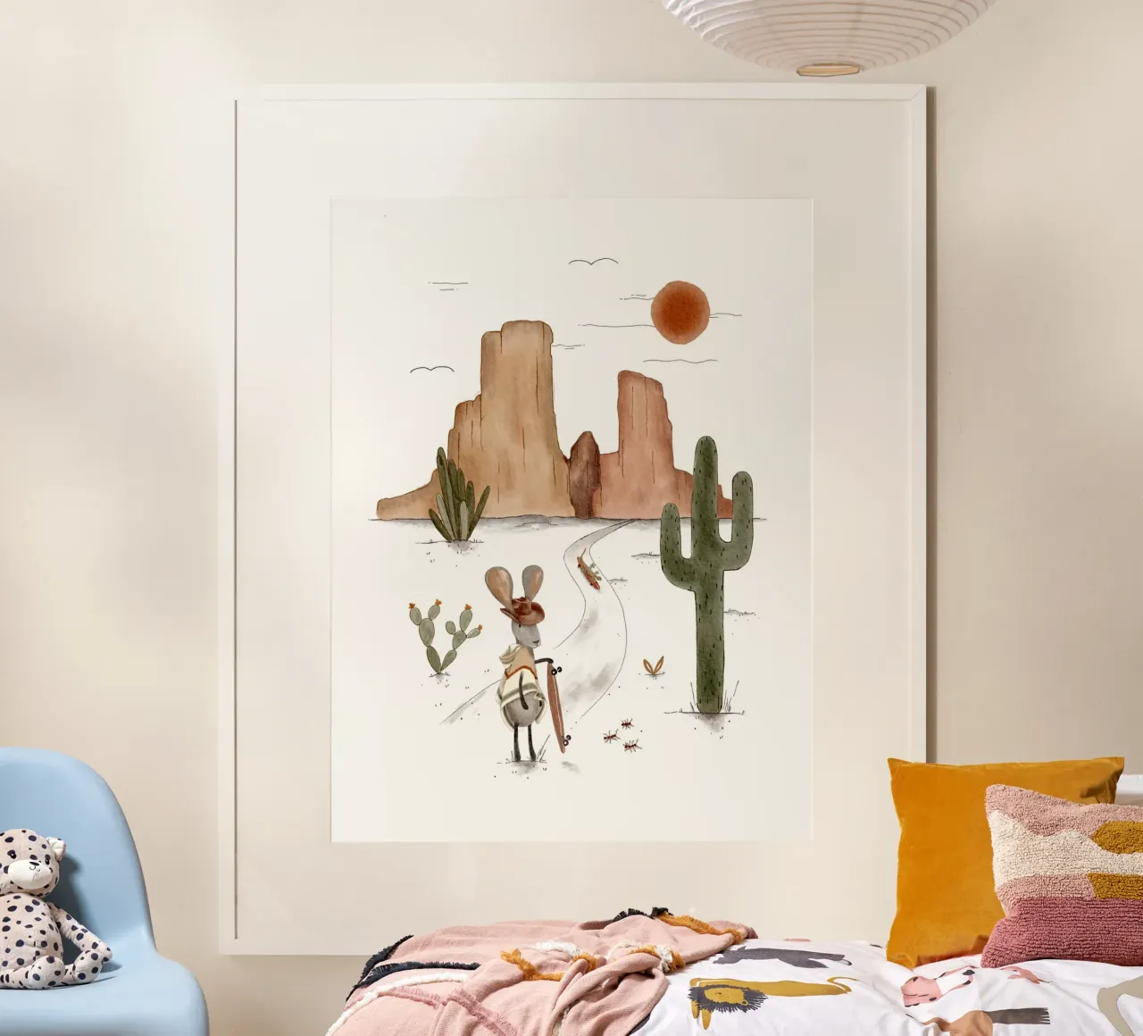 Boho Desert Explorer Jackrabbit Arte da parete poster con telaio in legno da Urchin Bay Art
