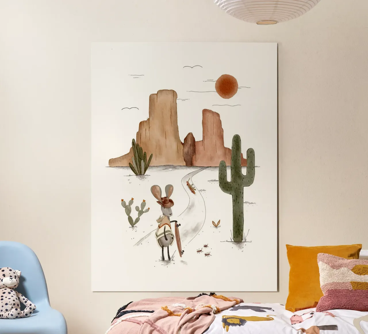 Boho Desert Explorer Jackrabbit Arte da parete poster con telaio in legno da Urchin Bay Art