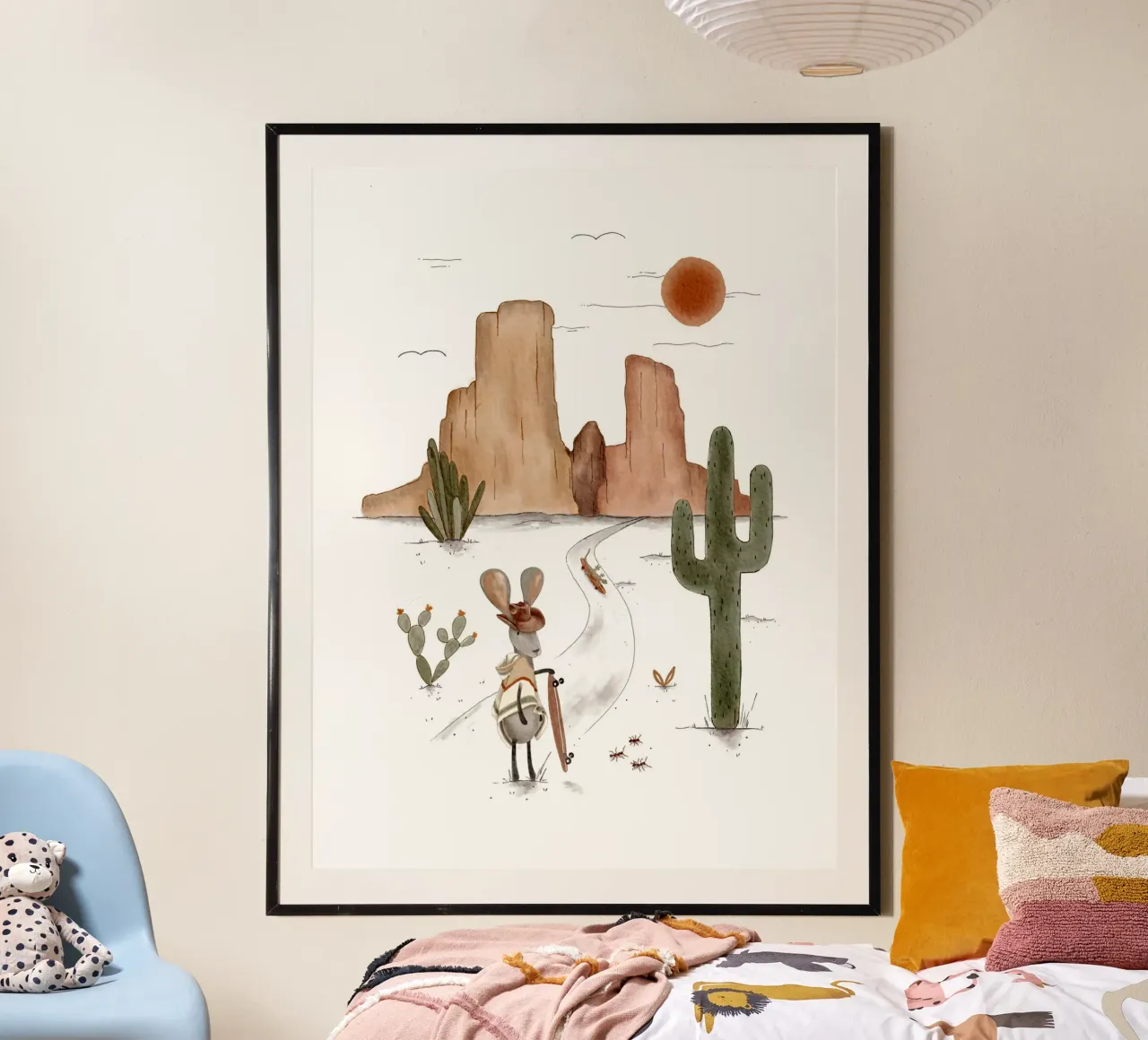Boho Desert Explorer Jackrabbit Arte da parete poster con telaio in legno da Urchin Bay Art