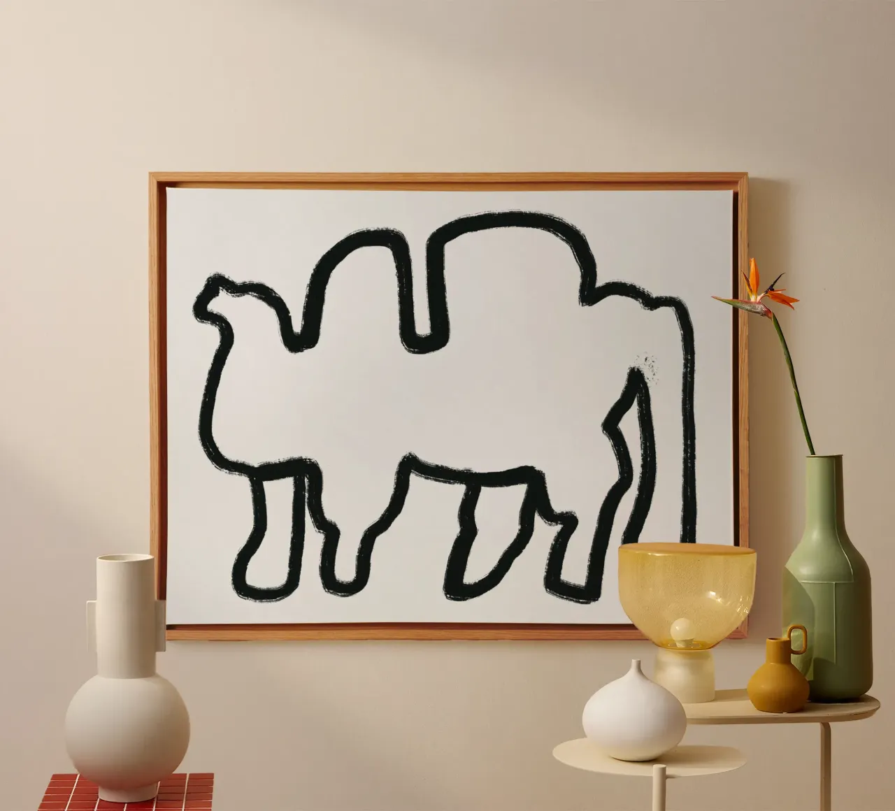 Camel outline minimalist canvas with Floater frame by Little Dean