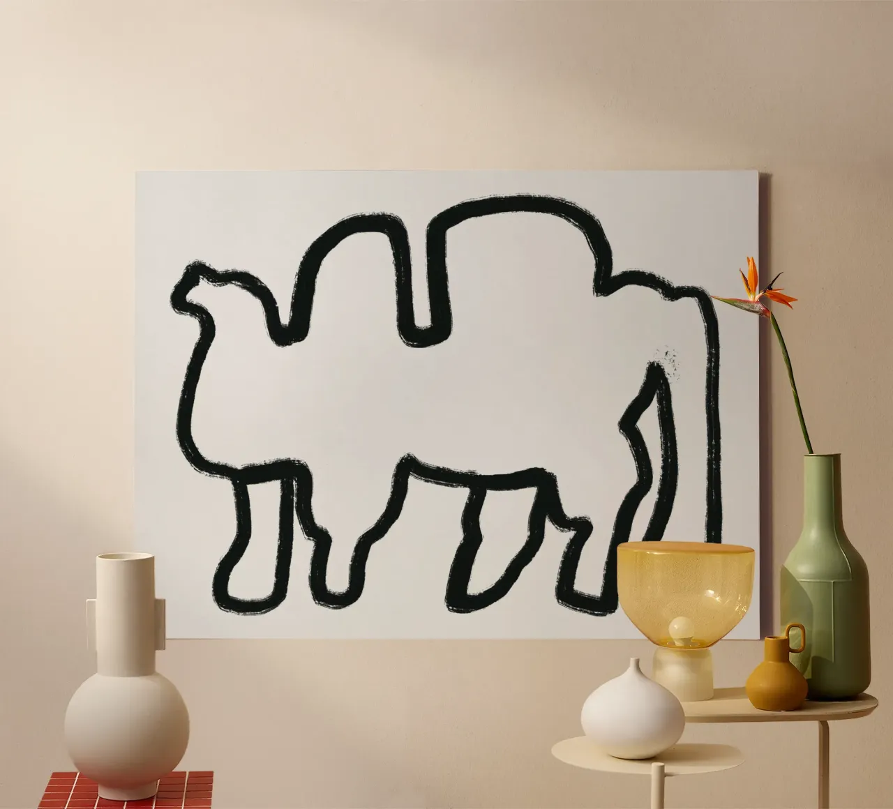 Camel outline minimalist canvas with Floater frame by Little Dean