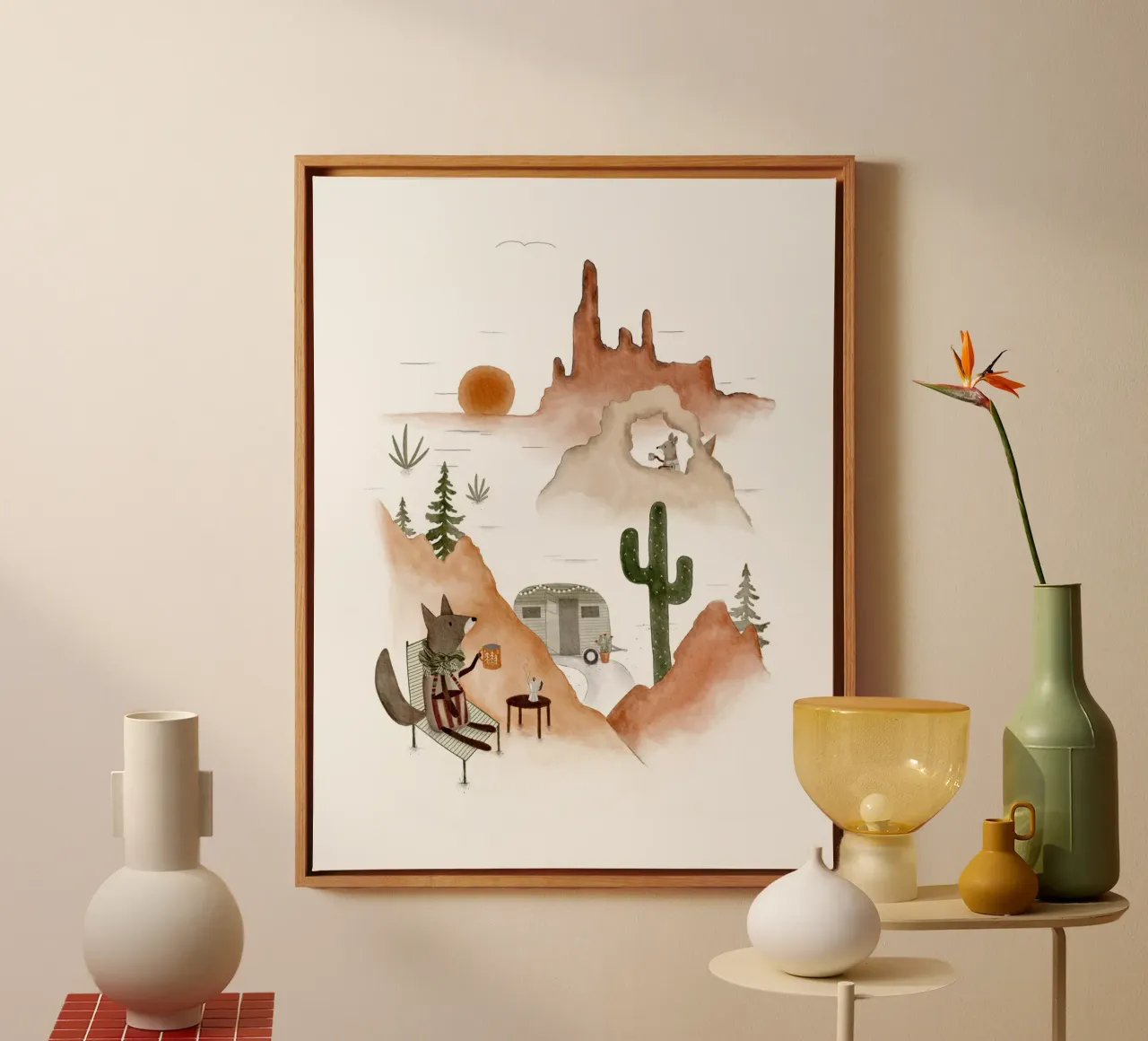 Boho Desert Campfire with Coyote canvas with Floater frame by Urchin Bay Art