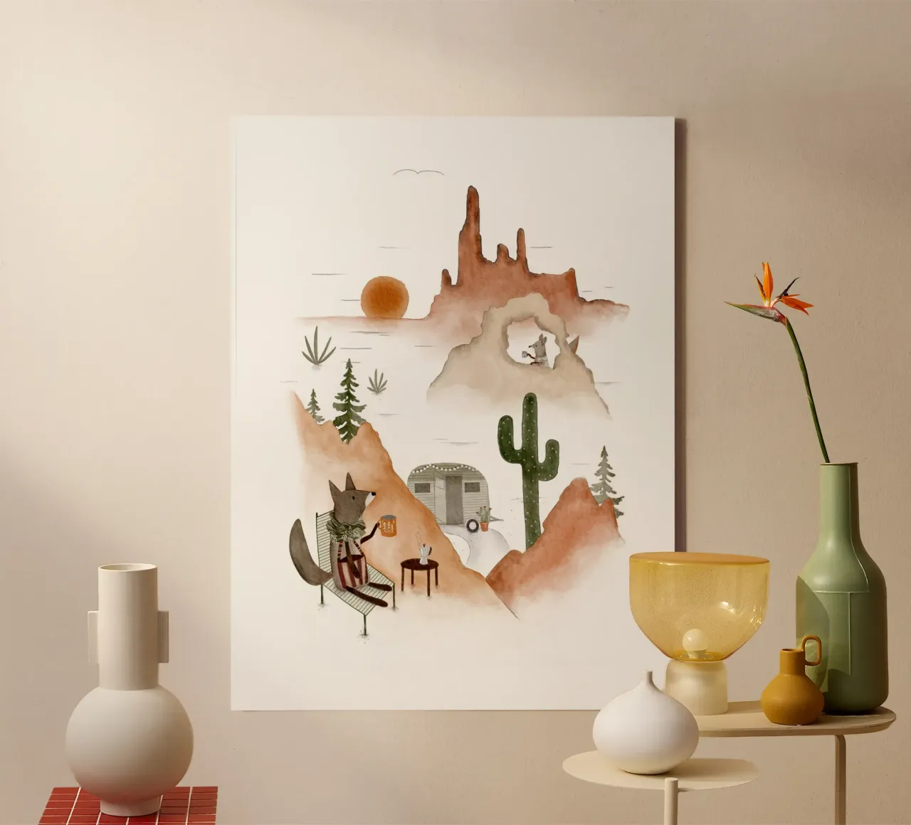 Boho Desert Campfire with Coyote canvas with Floater frame by Urchin Bay Art