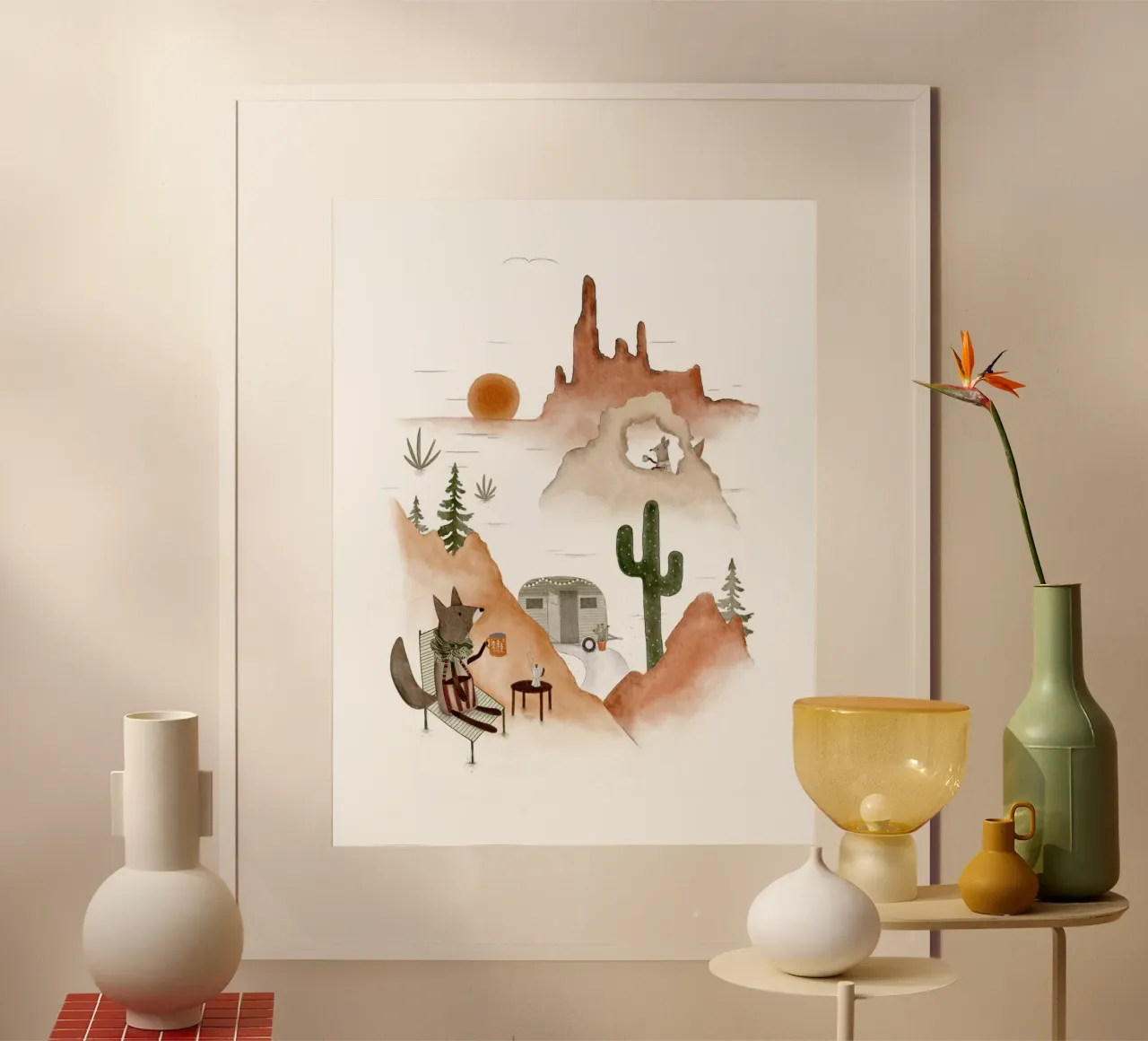 Falò del deserto Boho con Coyote poster con telaio in legno da Urchin Bay Art