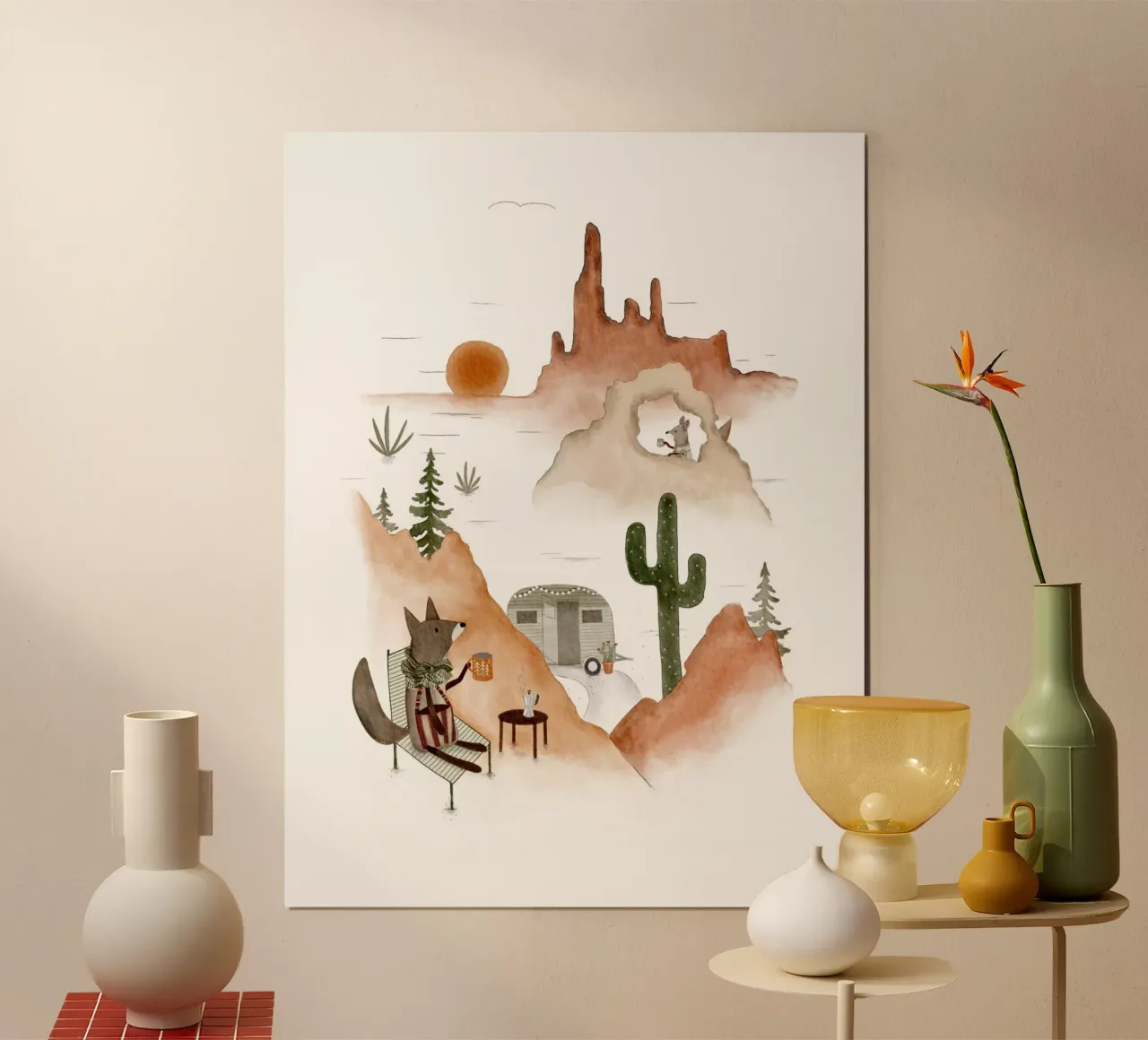Falò del deserto Boho con Coyote poster con telaio in legno da Urchin Bay Art