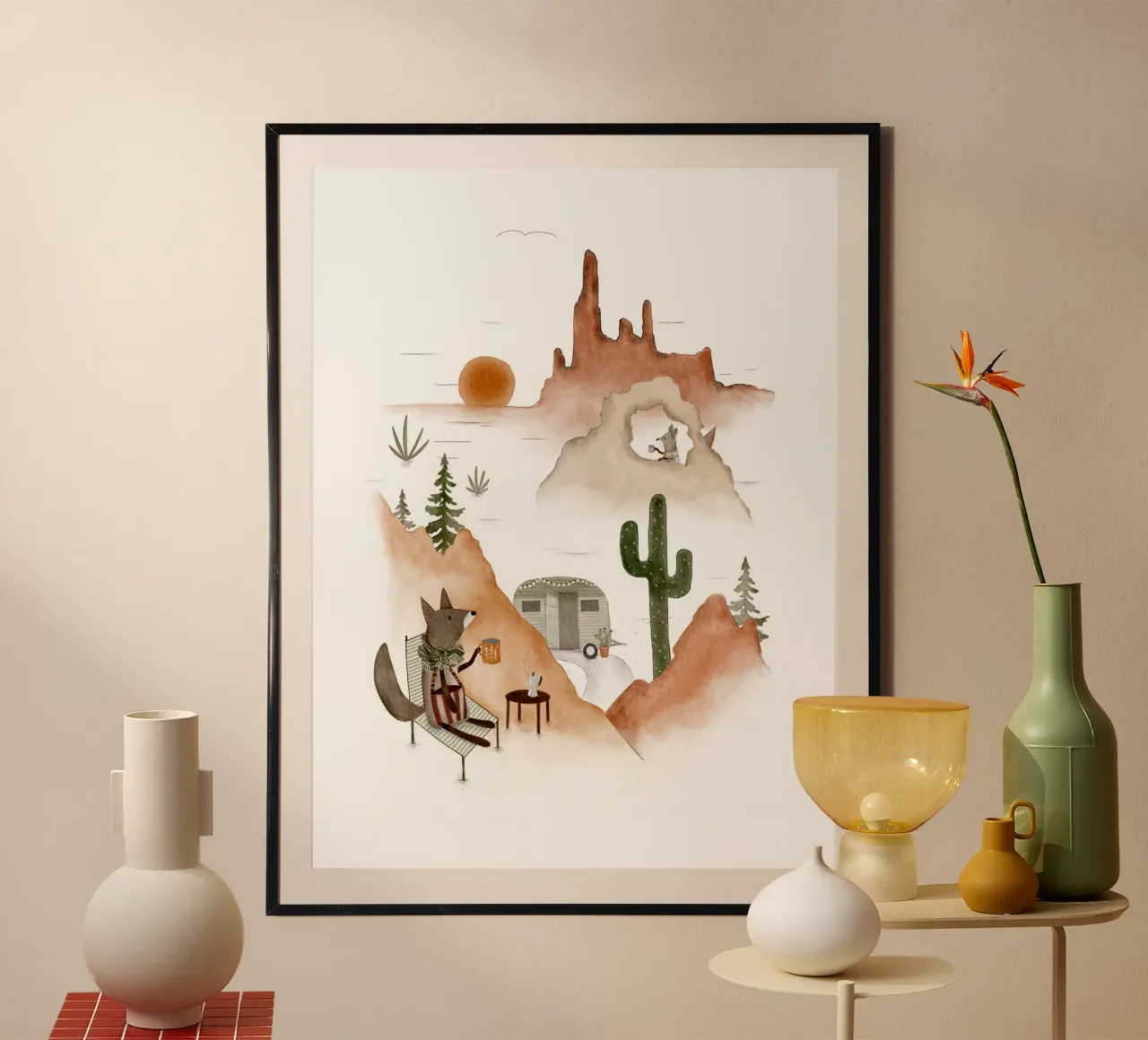 Falò del deserto Boho con Coyote poster con telaio in legno da Urchin Bay Art
