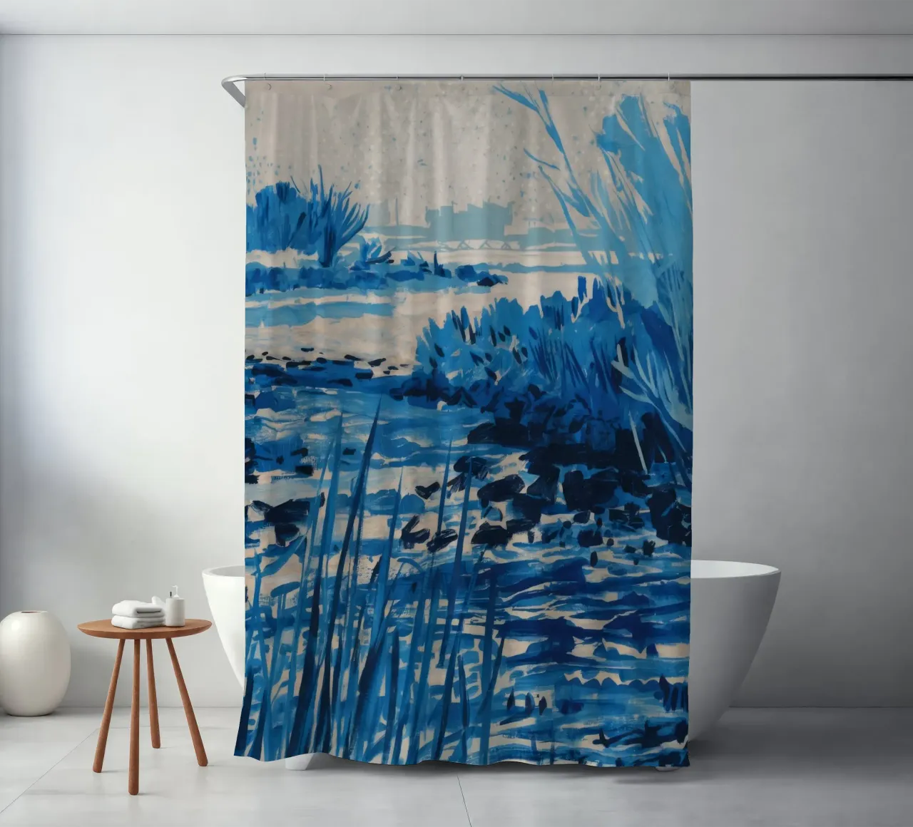 Blue Reeds Frost shower curtain by Verve Pigments