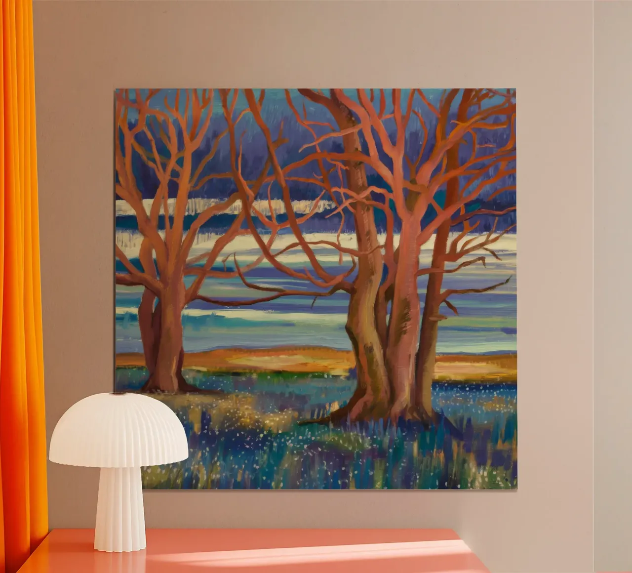 Abbraccio dell'albero del tramonto poster con telaio in plastica da Verve Pigments