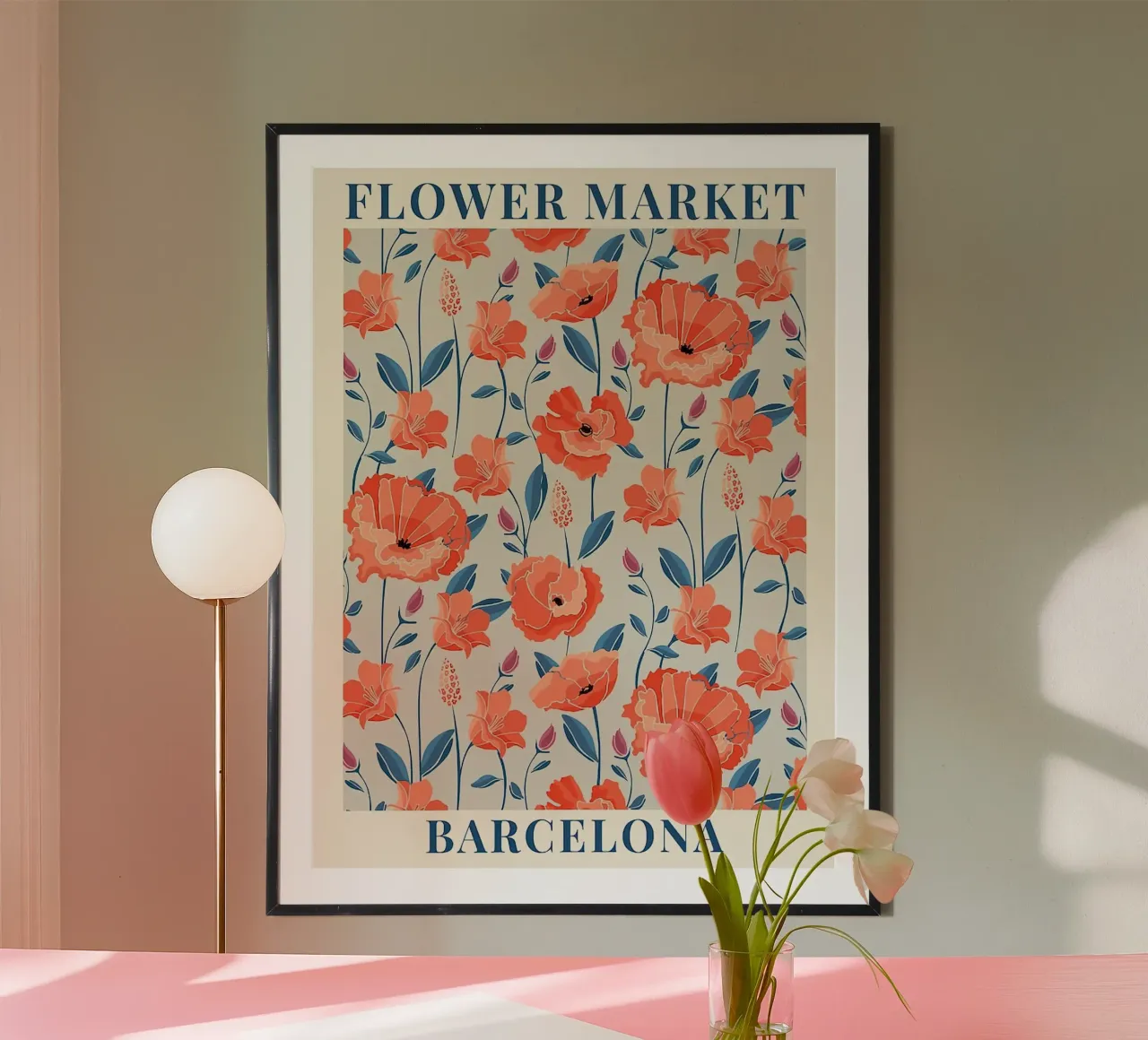 Mercato dei fiori - Barcellona colorata poster con telaio in legno da Spencer Farrell2