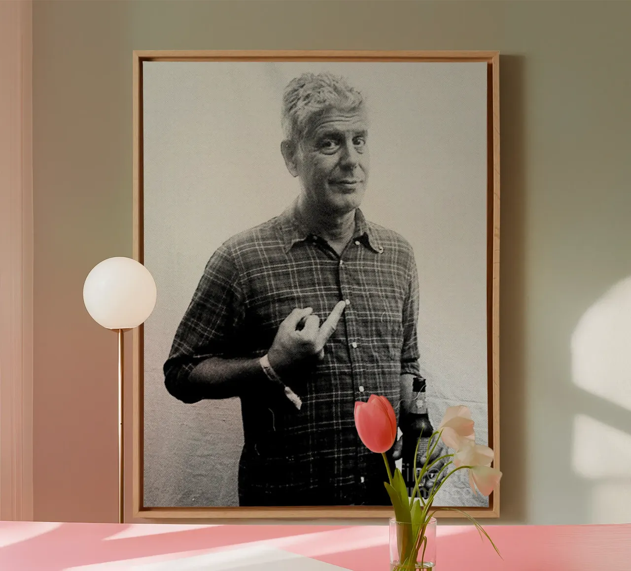 Anthony Bourdain Middle Finger and Drinking Beer canvas with Floater frame by Beth Pop Culture
