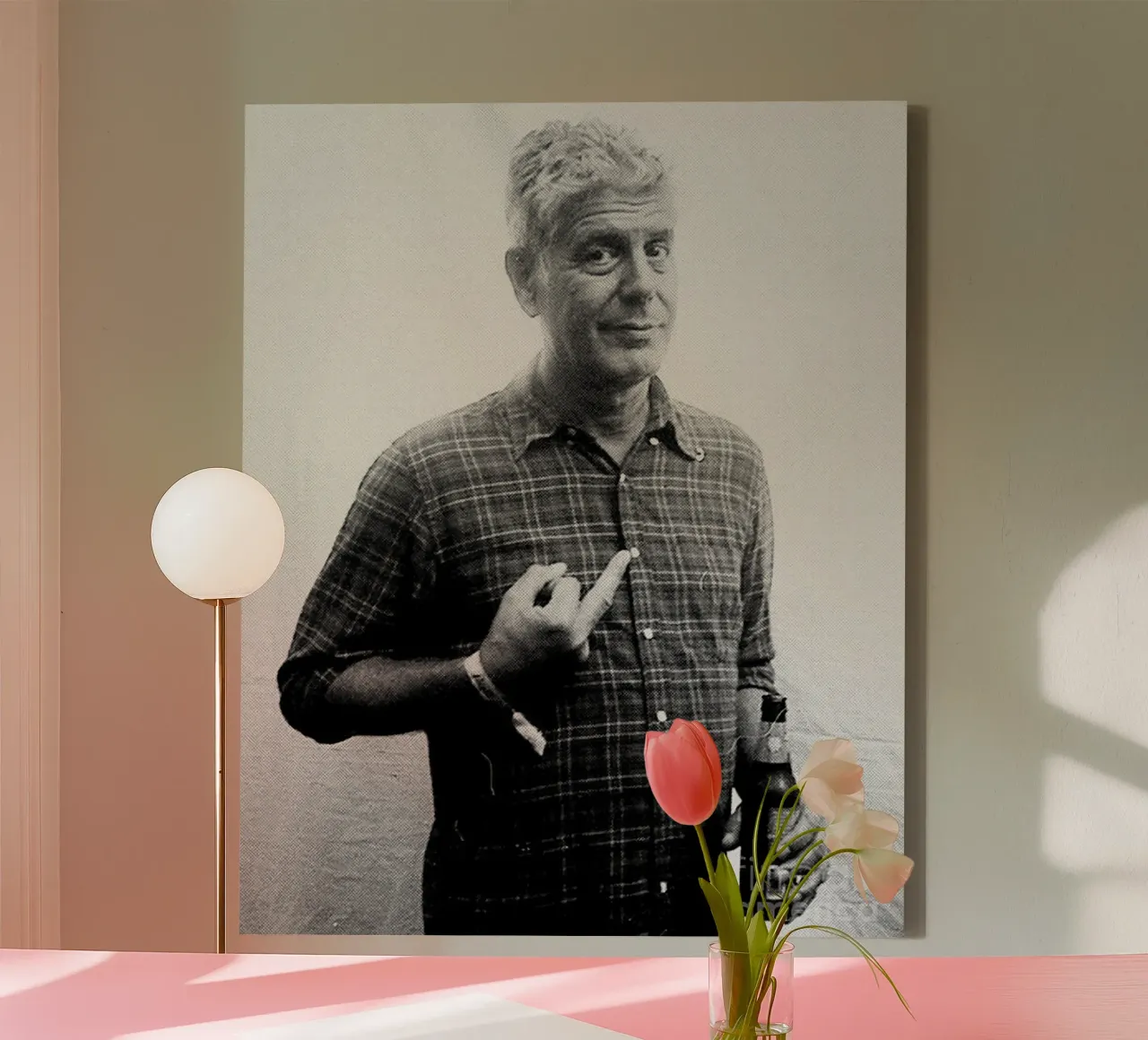 Anthony Bourdain Middle Finger and Drinking Beer canvas with Floater frame by Beth Pop Culture