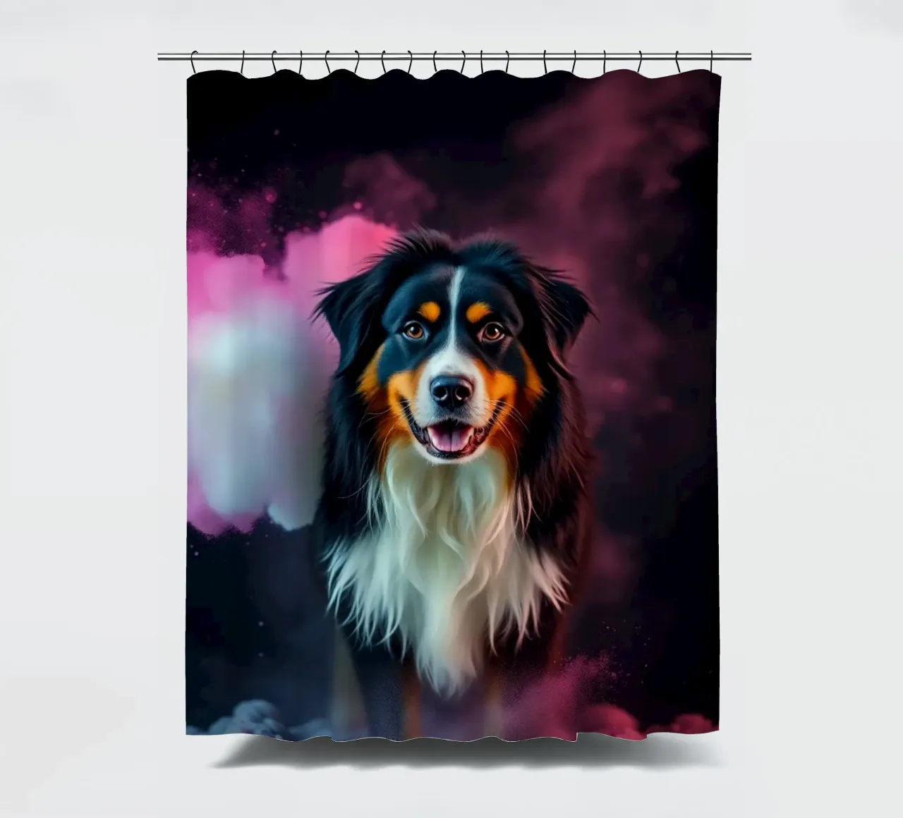 The colorful Bernese Mountain Dog #144 shower curtain by Yumis.Beargang.and.Me